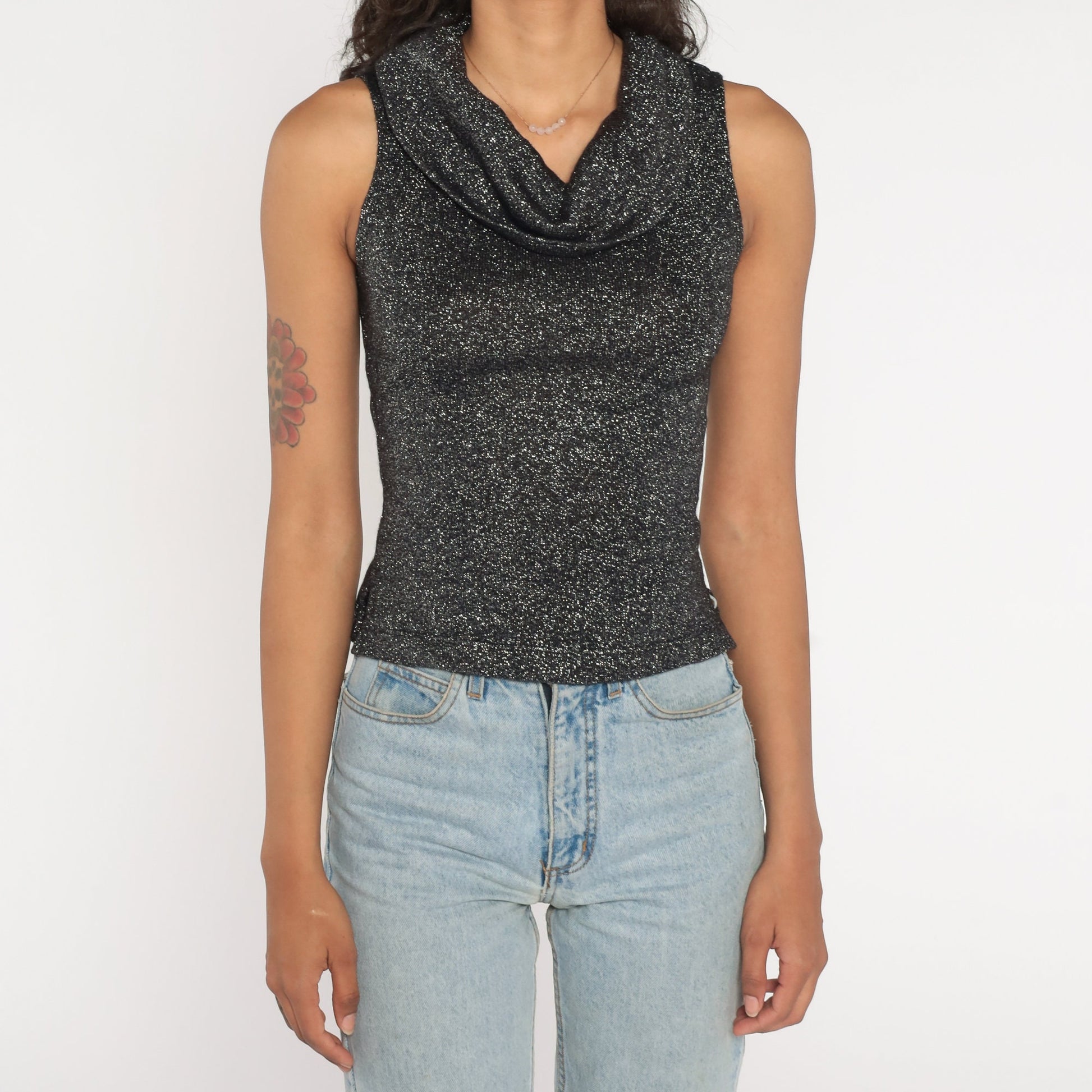 90s Metallic Black Cowl Neck Tank Top Sleeveless Blouse Small S
