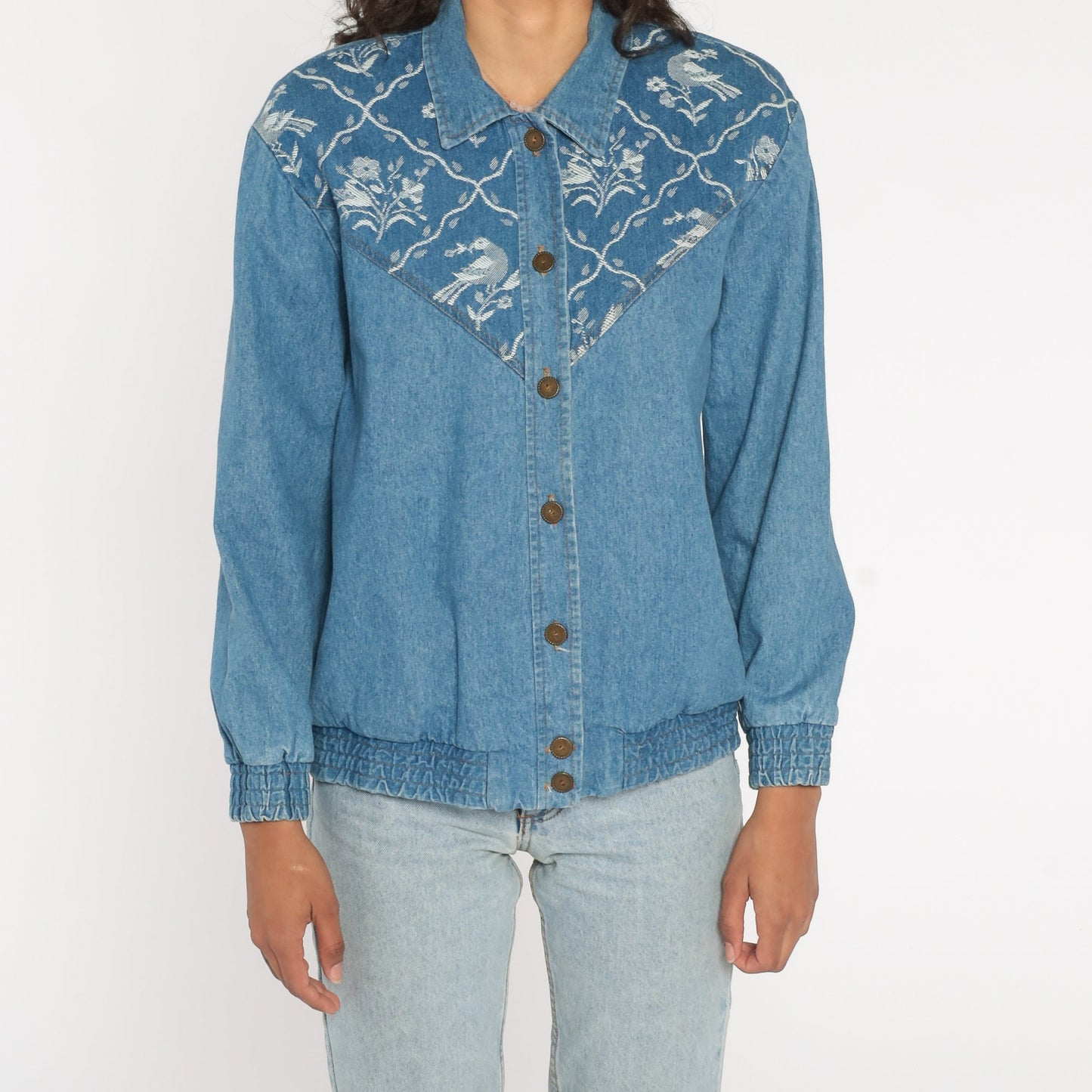 90s Floral Bird Tapestry Denim Jacket Cotton Button-Up Medium