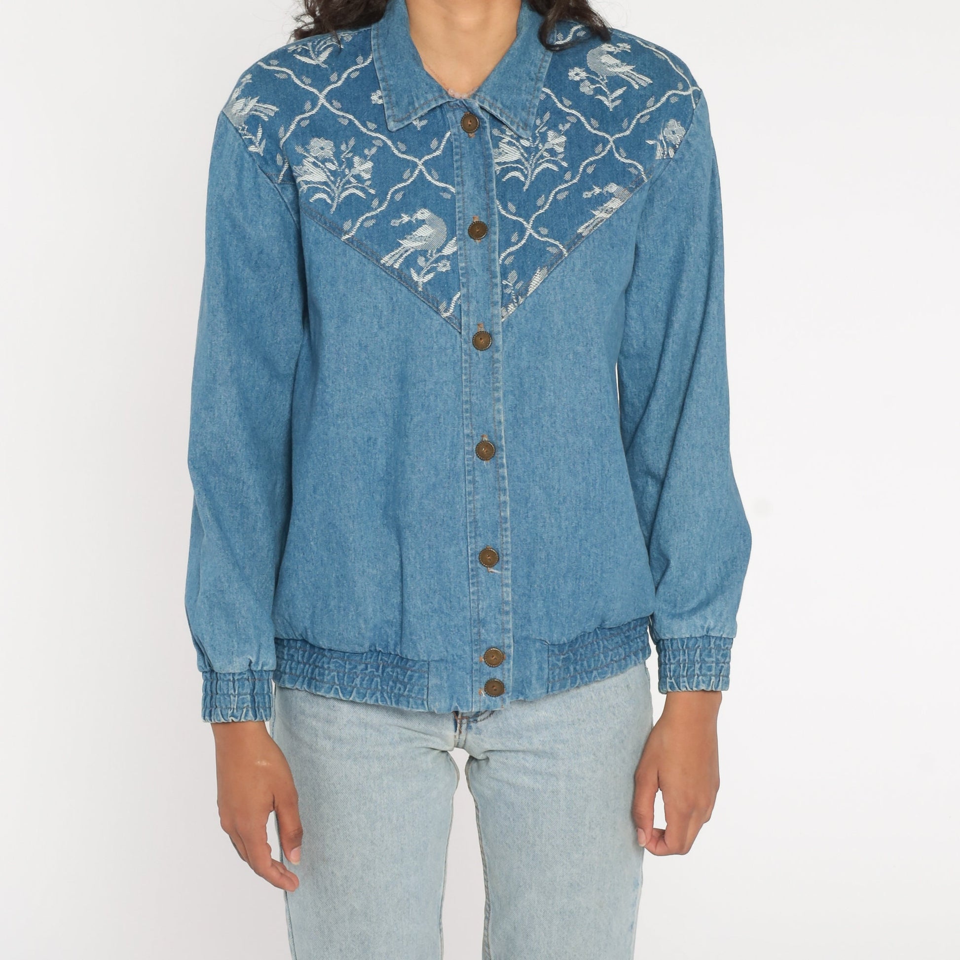90s Floral Bird Tapestry Denim Jacket Cotton Button-Up Medium