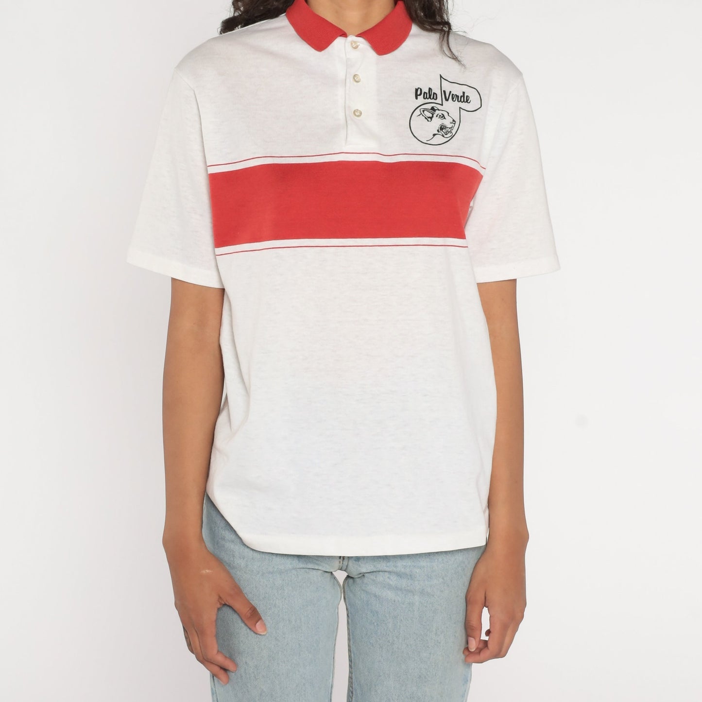 90s Palo Verde Cougars Polo Shirt Striped White Red Las Vegas High School Medium Large
