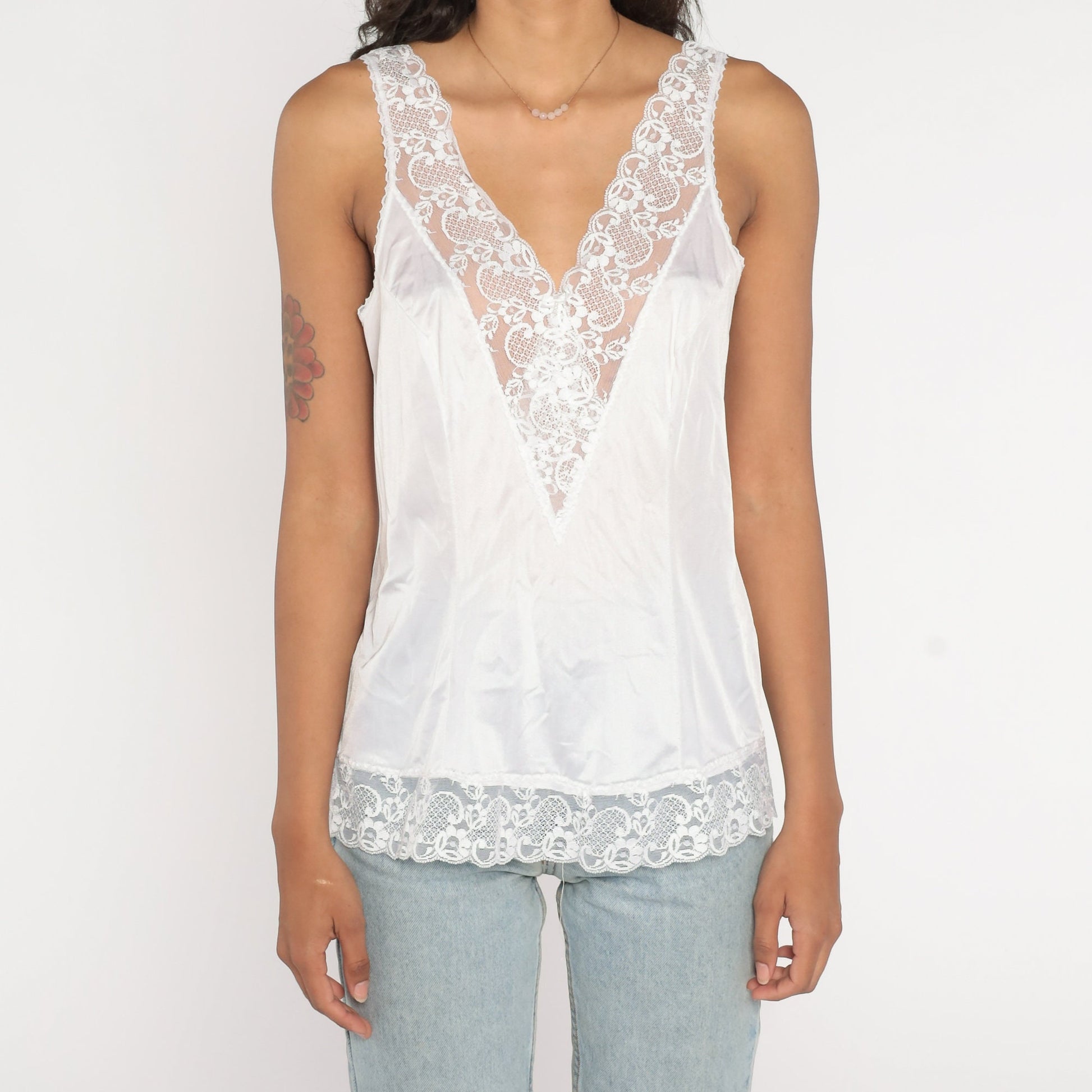80s White Lace Camisole V-Neck Tank Top Lingerie Large L