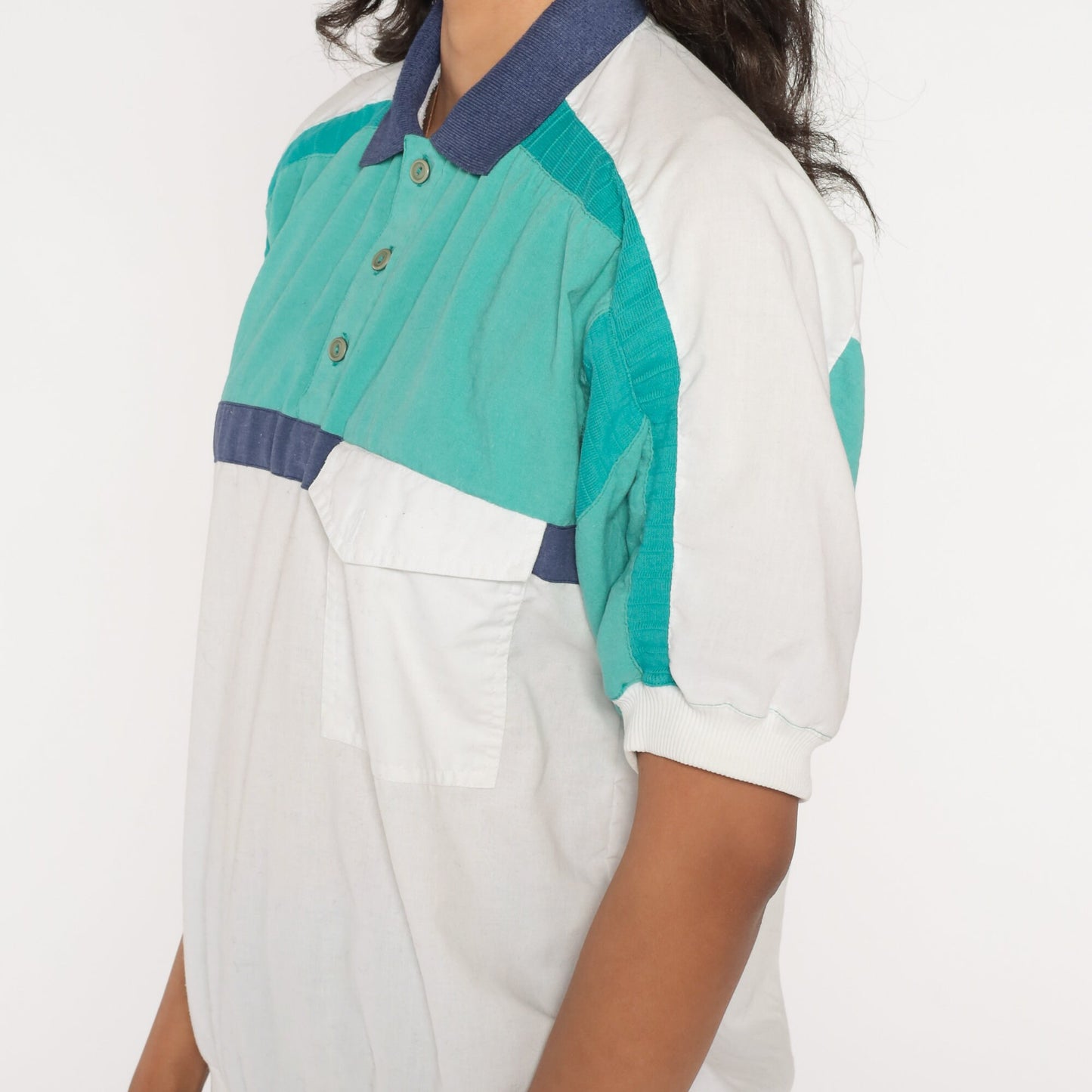 90s Striped Polo Shirt Collared Color Block Short Sleeve White Blue Green Men's Small