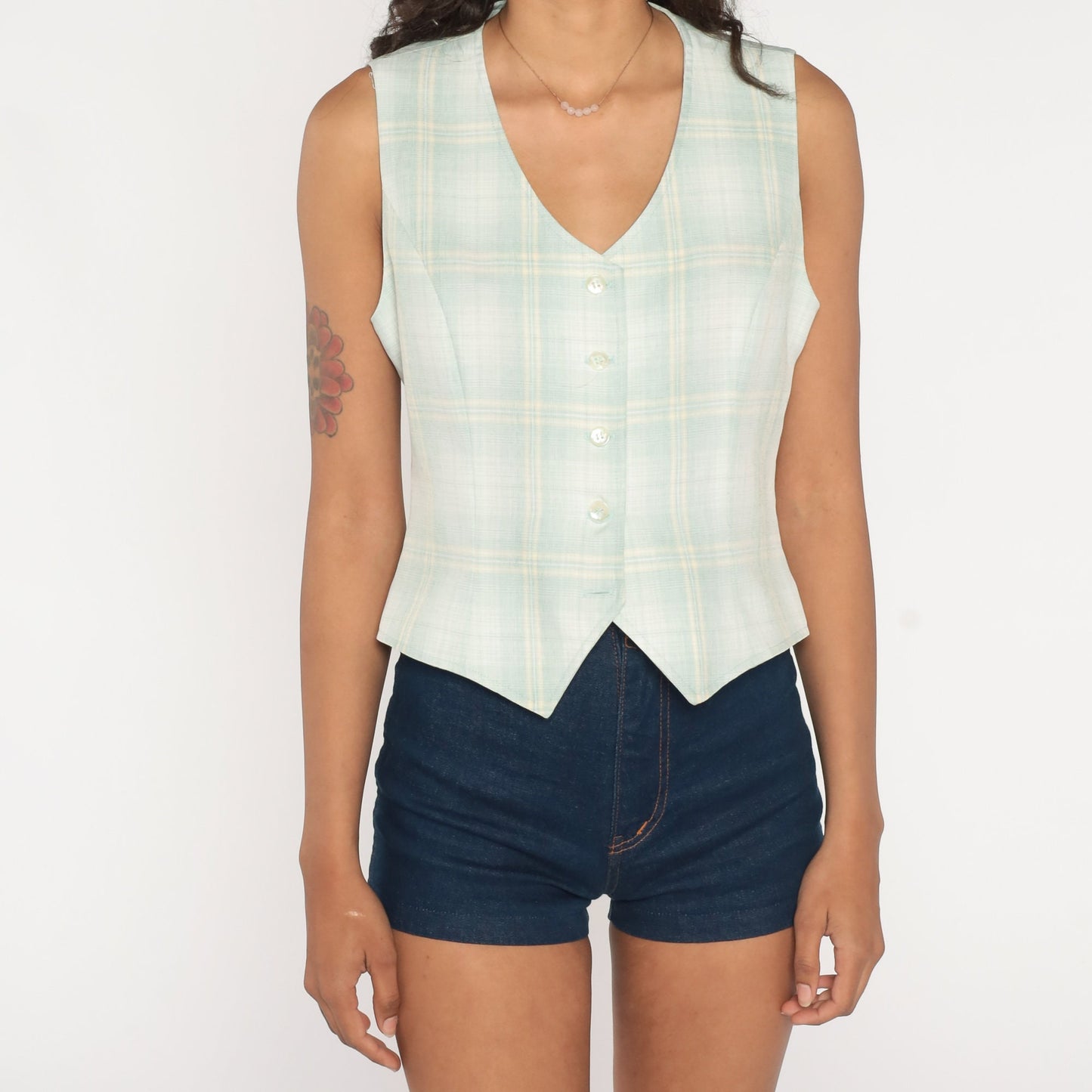 70s Green White Plaid Button-Up Vest Sleeveless Waistcoat Small
