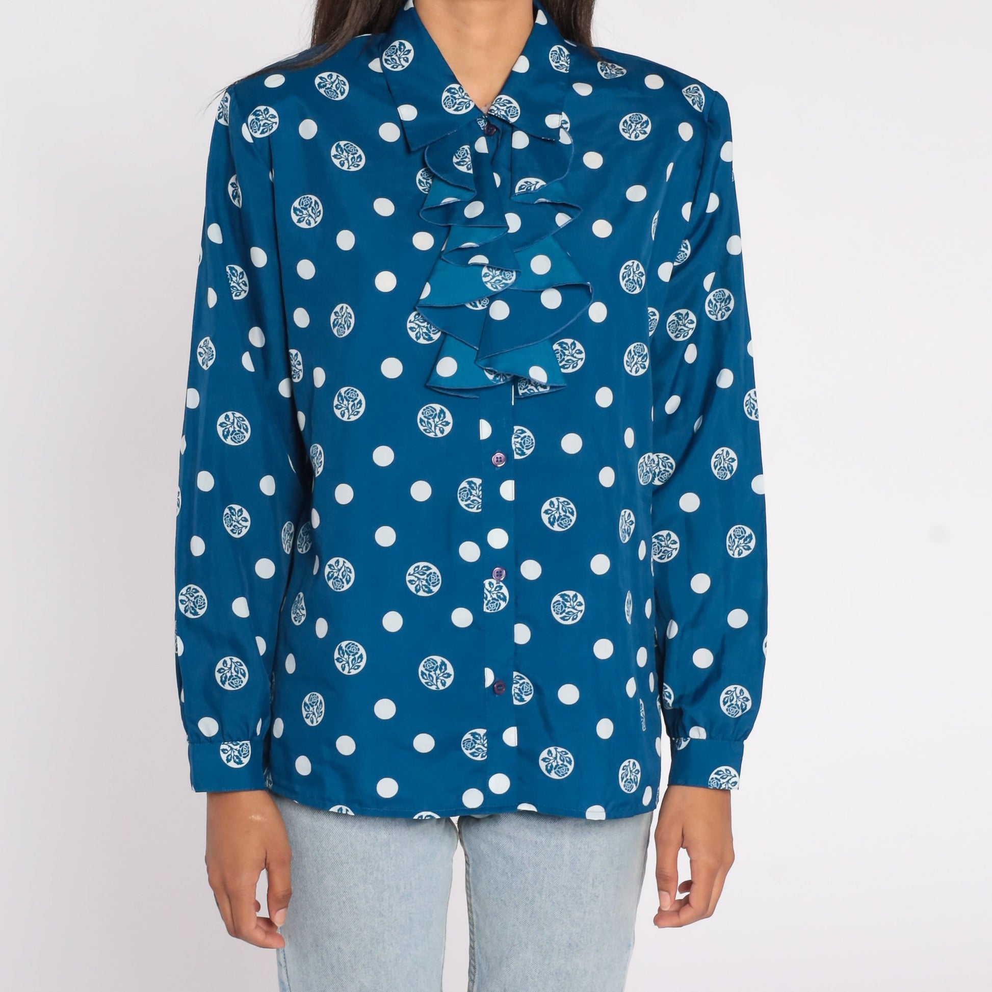 80s Blue Floral Polka Dot Jabot Blouse Button Up Long Sleeve Large L