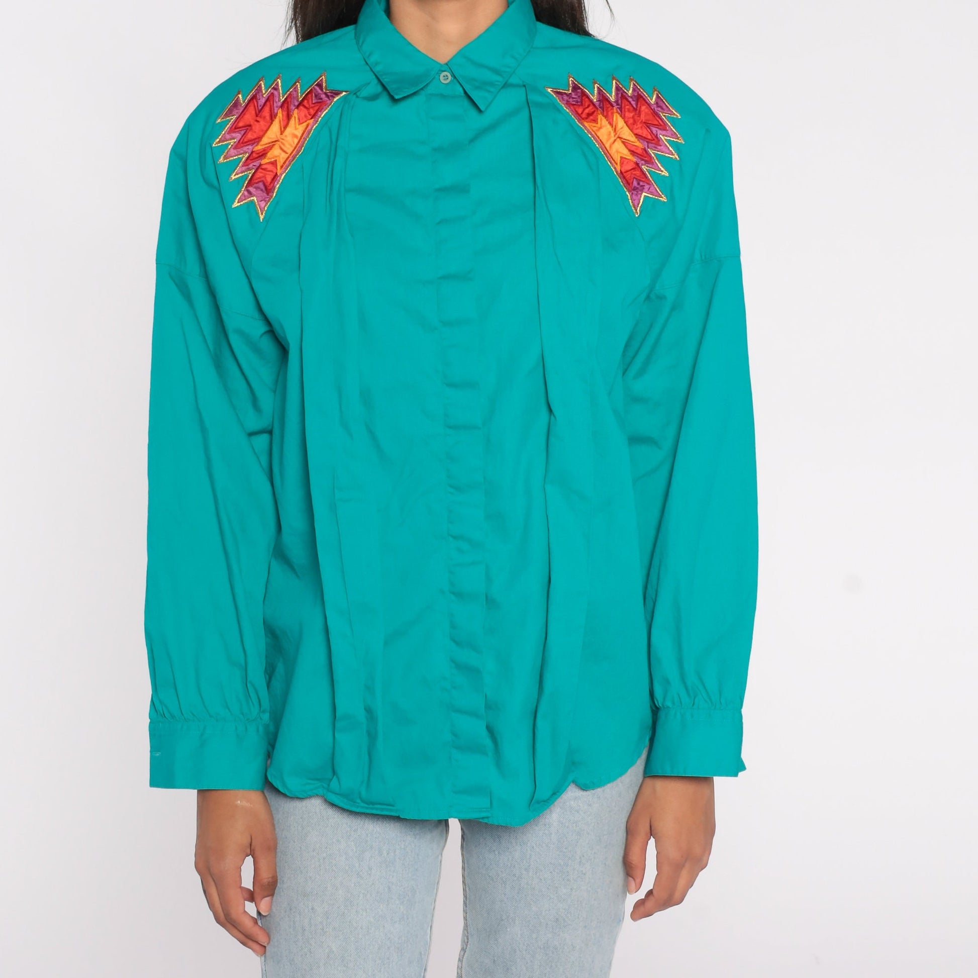 90s Wrangler Southwestern Aztec Geometric Button Up Shirt Turquoise Large L