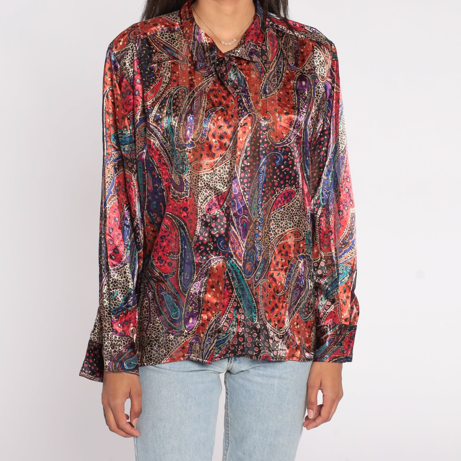 80s Paisley Button-Up Blouse Metallic Stripes Long Sleeve Shirt Size 14