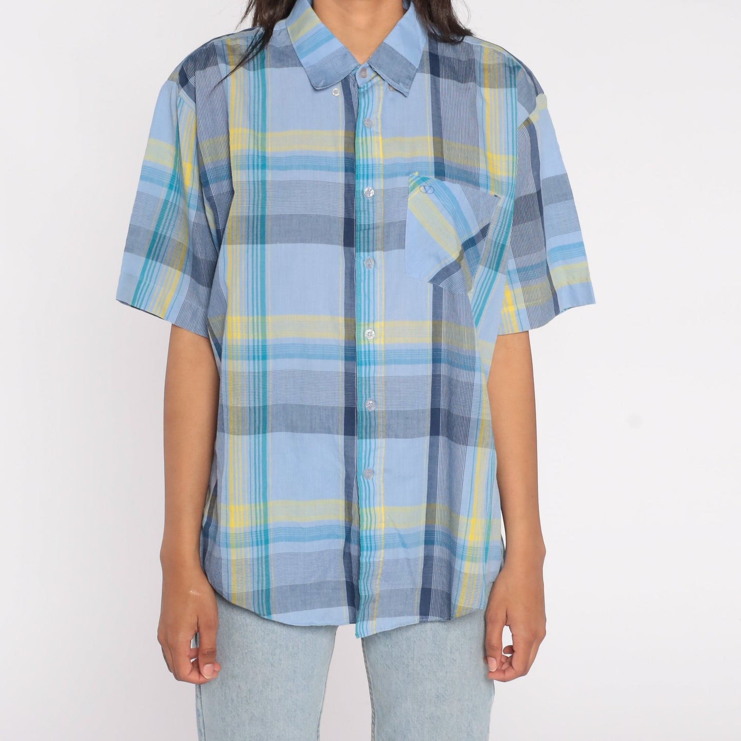 90s Valentino Chemises Blue Plaid Button-Up Shirt Short Sleeve Extra Large XL