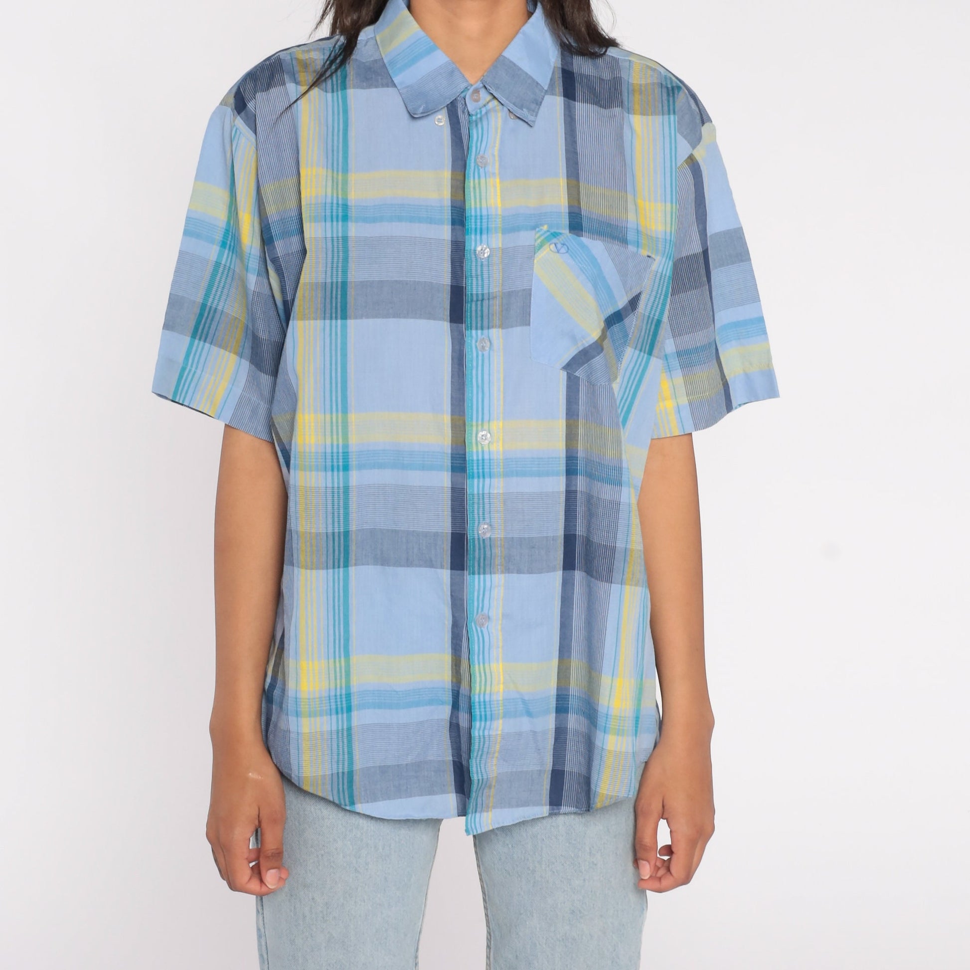 90s Valentino Chemises Blue Plaid Button-Up Shirt Short Sleeve Extra Large XL