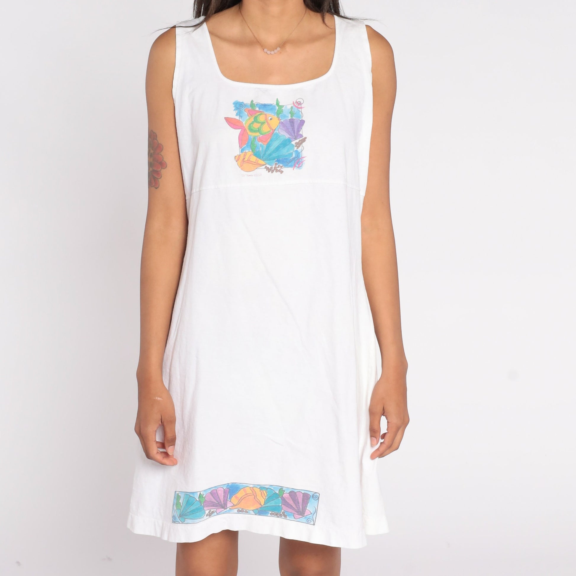 90s Tropical Fish Seashell Tank Dress White Cotton Empire Waist Large