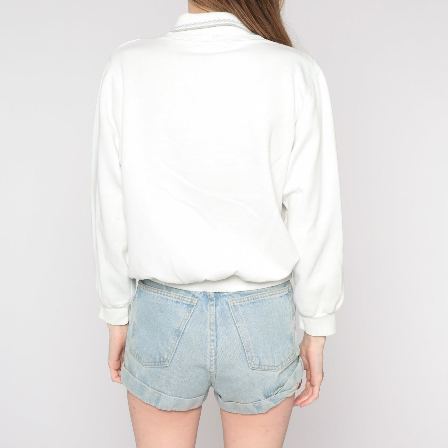 90s Floral Embroidered Collared Sweatshirt White Crewneck Petite Large