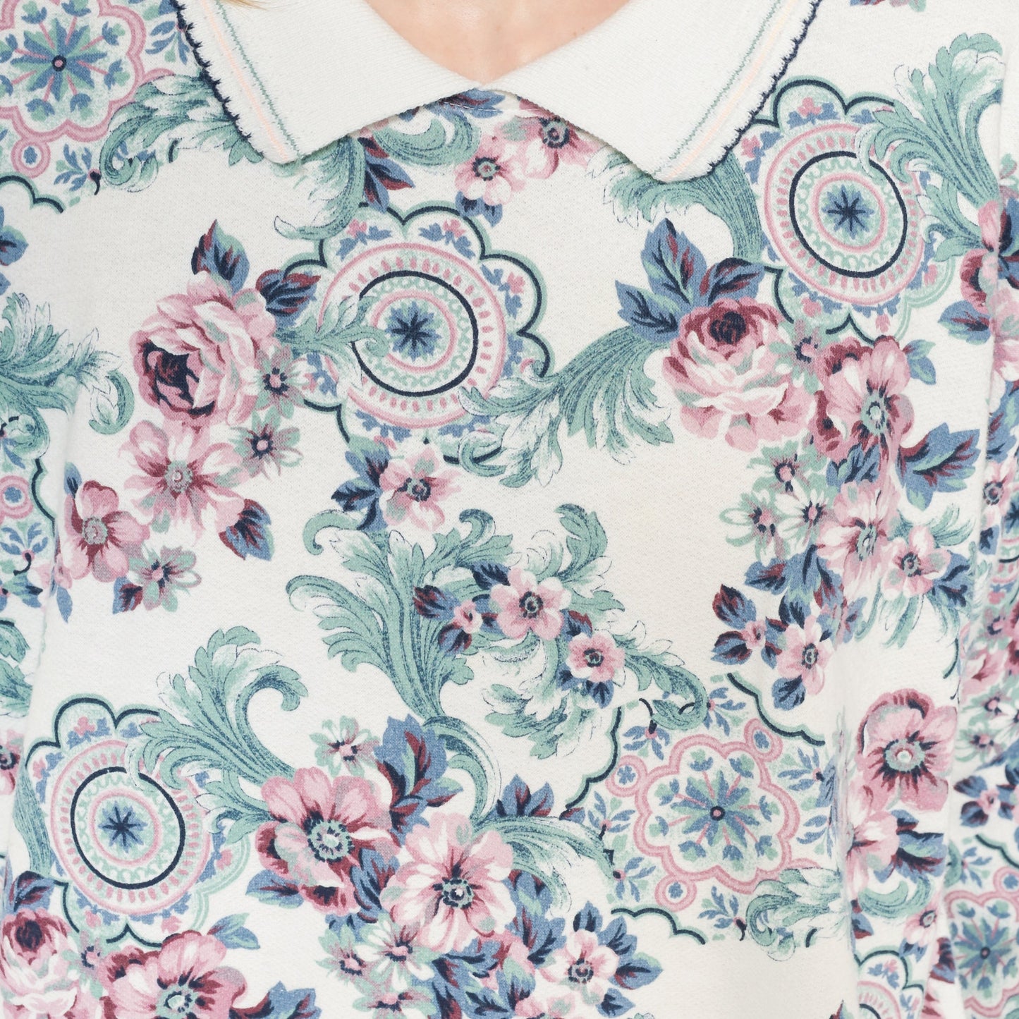 80s Floral Collared Sweatshirt All Over Print White Pink Green Extra Extra Large XXL