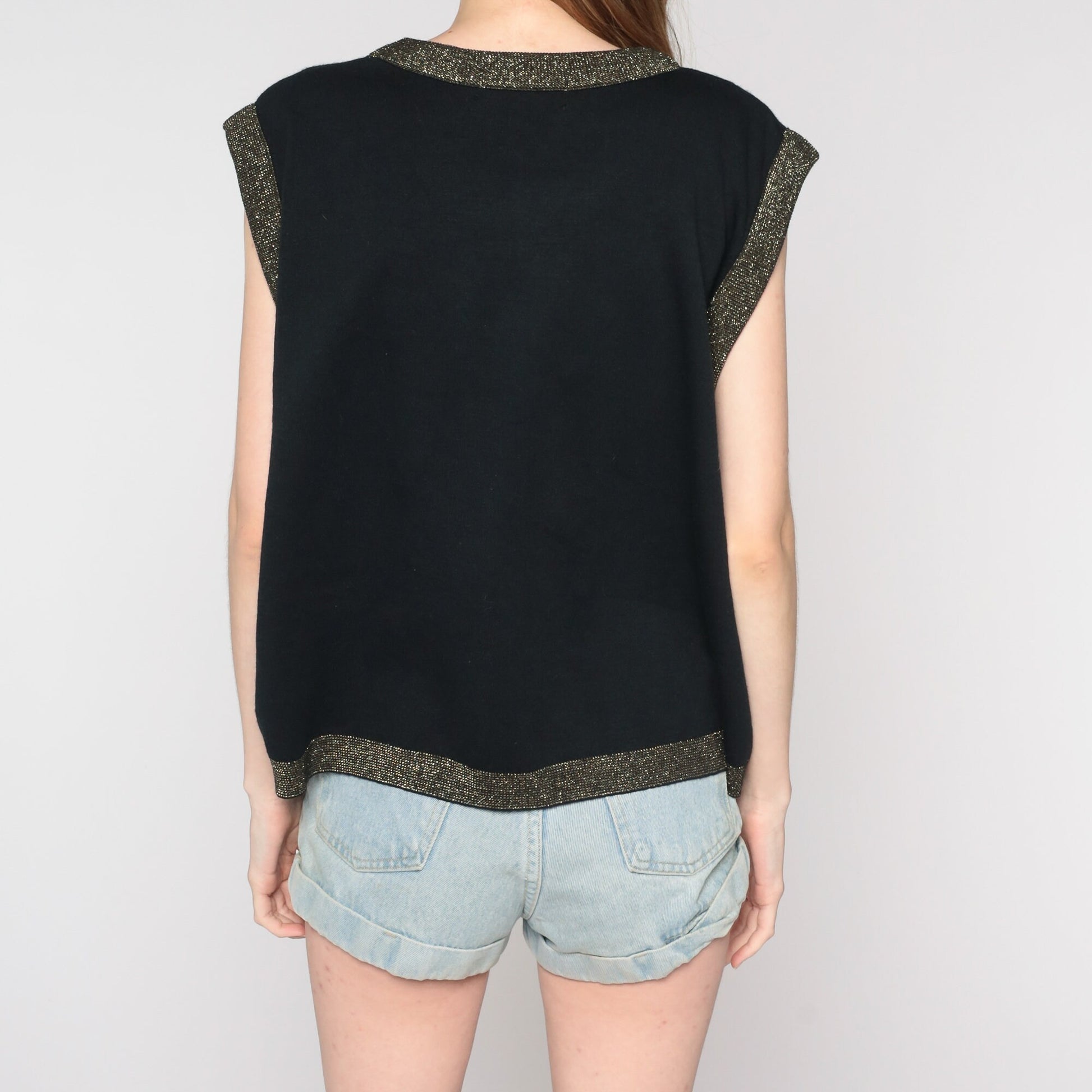 90s Black Knit Sweater Top Gold Metallic Trim Plus Size XXL