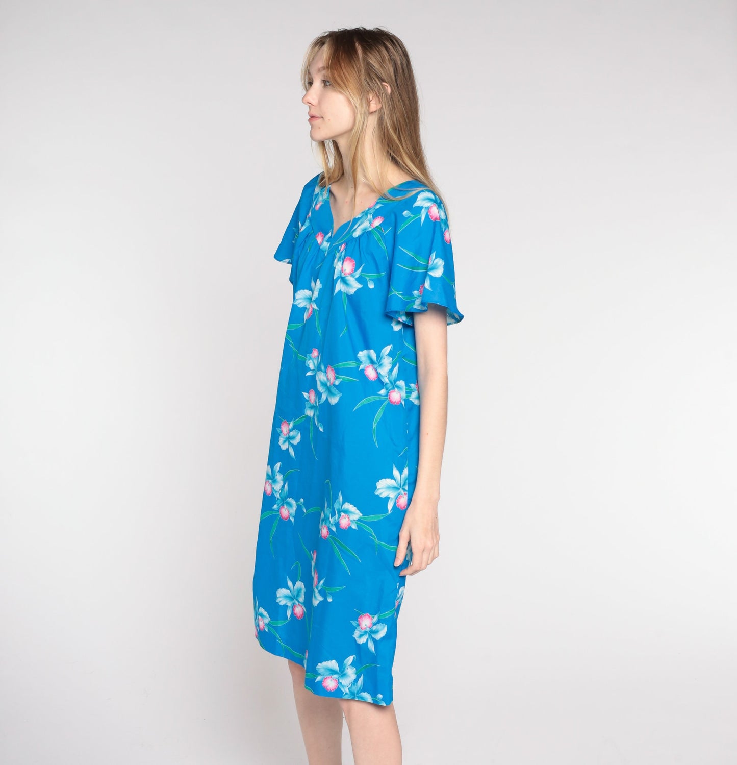 80s Blue Floral Shift Dress Flutter Sleeve Midi Large