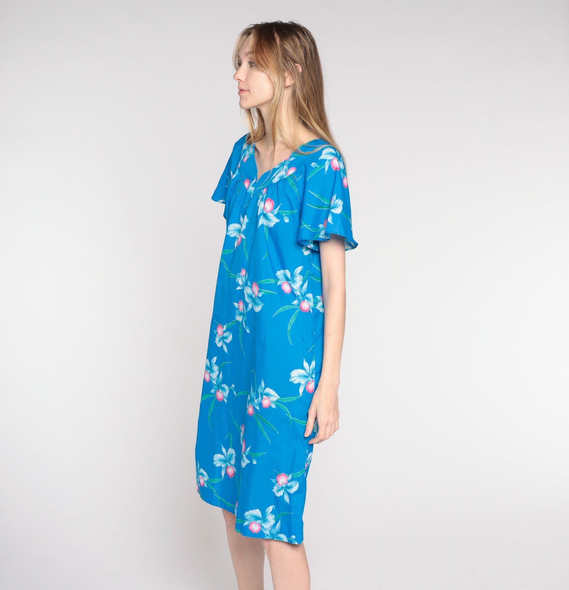80s Blue Floral Shift Dress Flutter Sleeve Midi Large