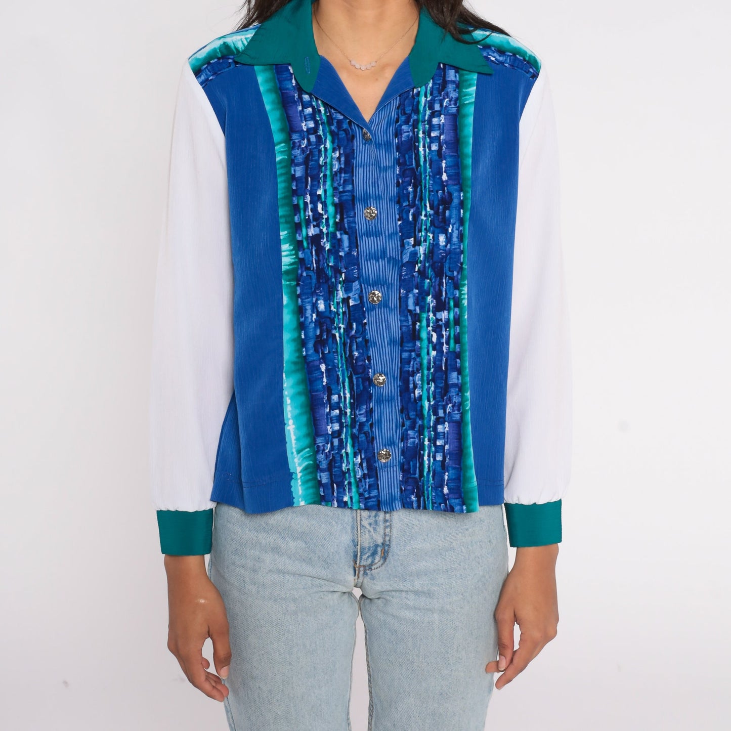 90s Blue & White Striped Button-Up Shirt Long Sleeve Collar Small