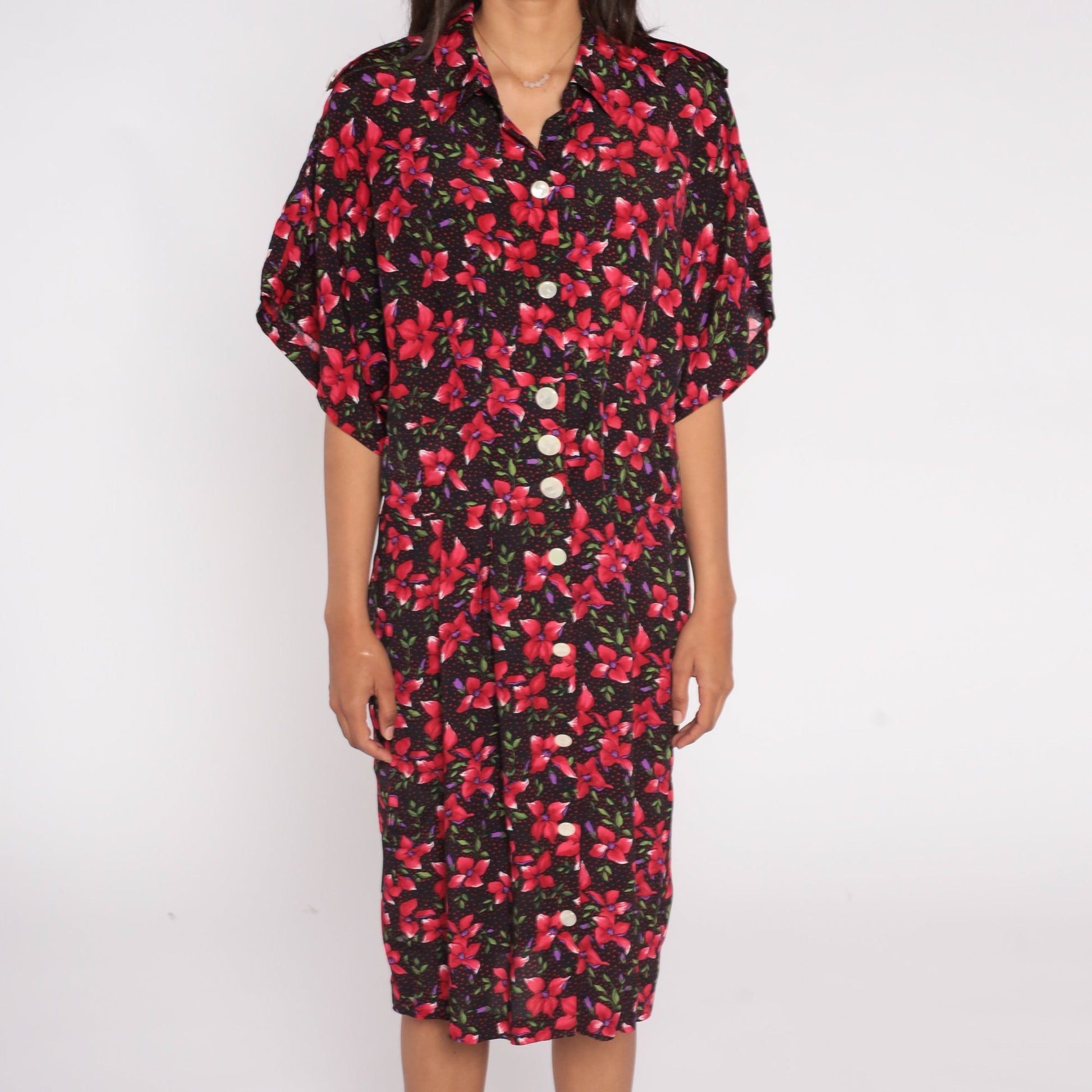 80s Floral Shirtdress Black Red Epaulette Midi Pleated Rayon Large L