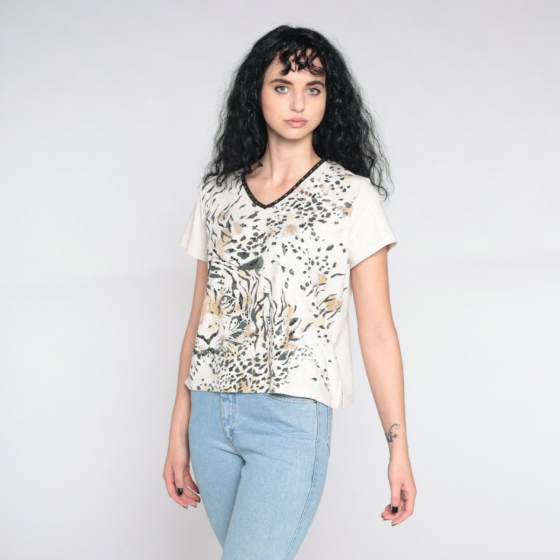 Y2K Tiger Face Studded Graphic T-Shirt Cream Beaded Animal Tee Large L