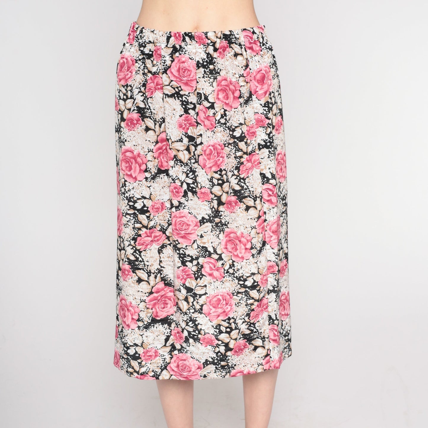 90s Floral Midi Skirt Pink Black High Waist Rayon Small Medium