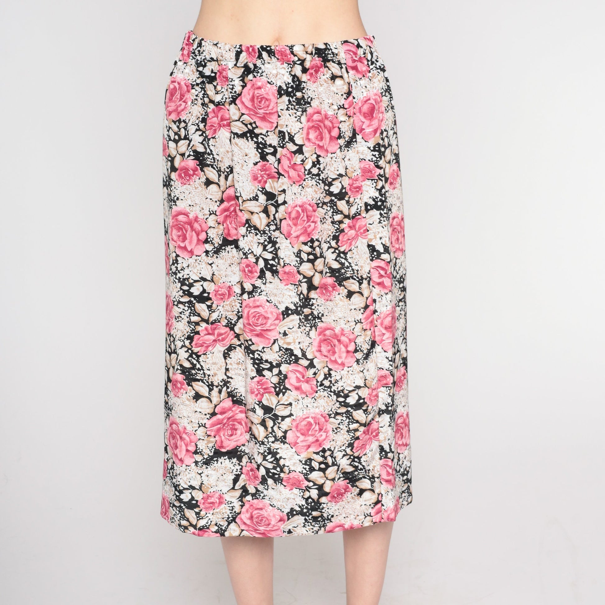 90s Floral Midi Skirt Pink Black High Waist Rayon Small Medium