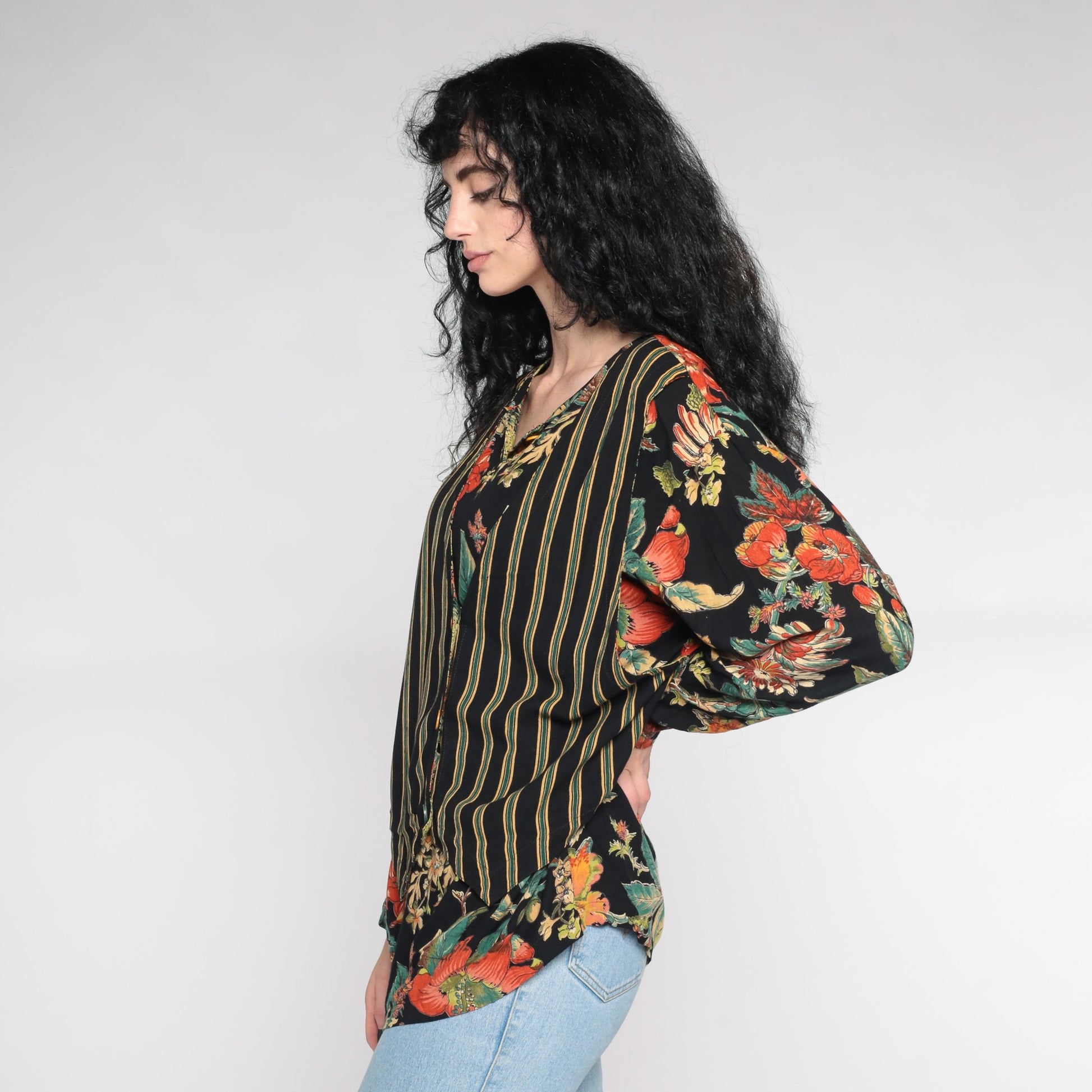 90s Carol Little Floral Blouse Black Striped Attached Vest Button Up Large