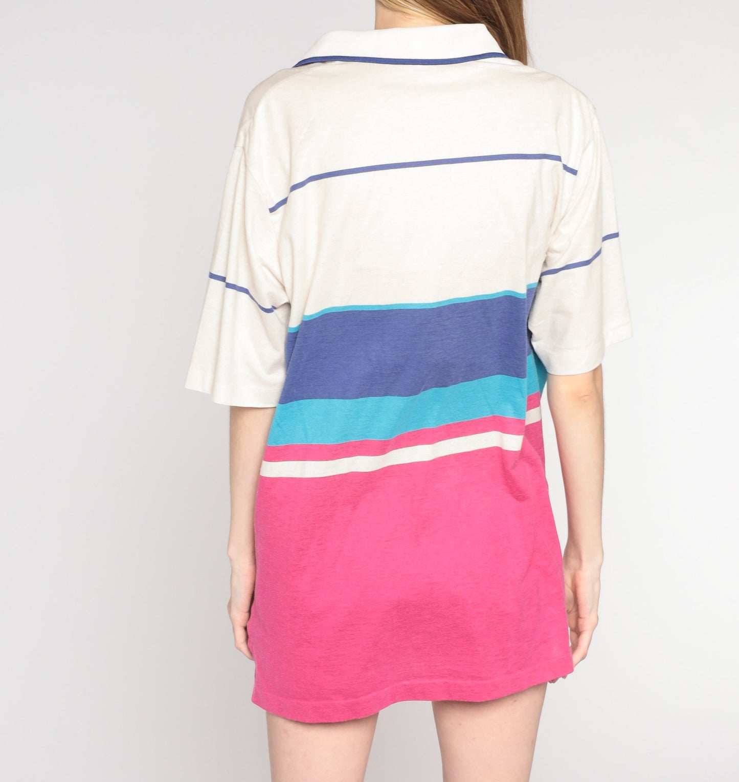 90s Izod Club Polo Shirt The Dominion Striped Color Block White Pink Blue Large