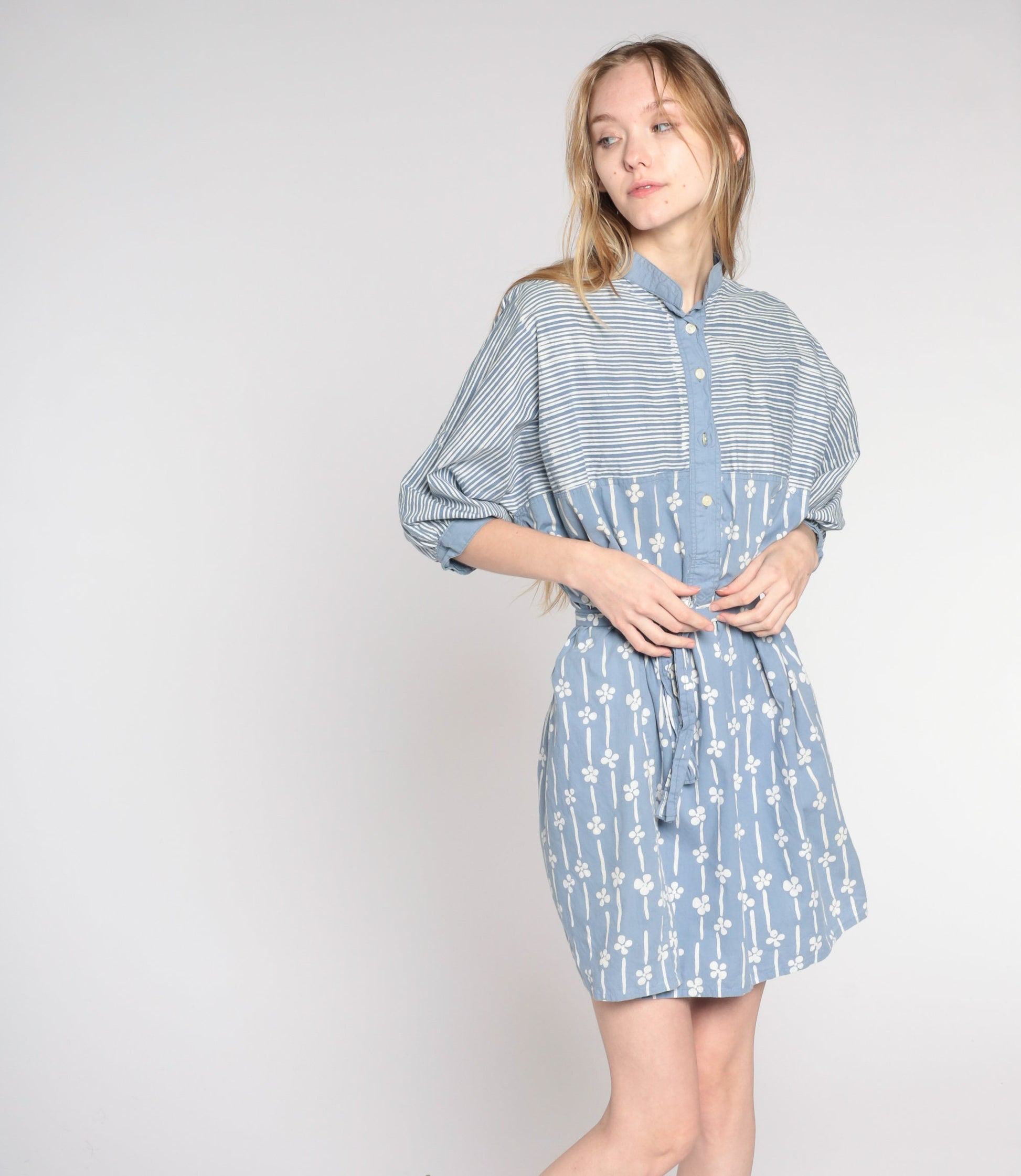 80s Striped Floral Shirtdress Blue Button-Up Mini Cotton Extra Large