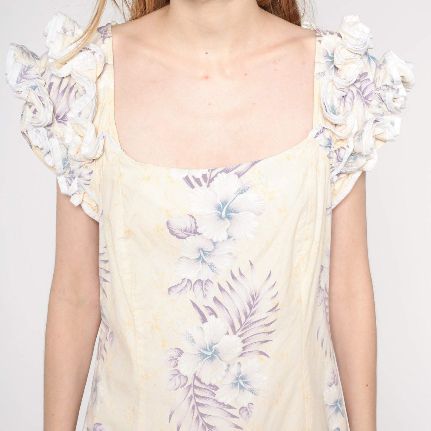 80s Floral Print Mini Dress White Ruffled Shift Short Sleeve Medium