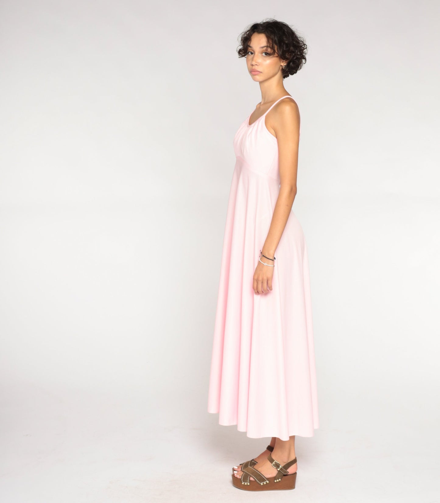 70s Baby Pink Empire Waist Maxi Dress Sleeveless Small S