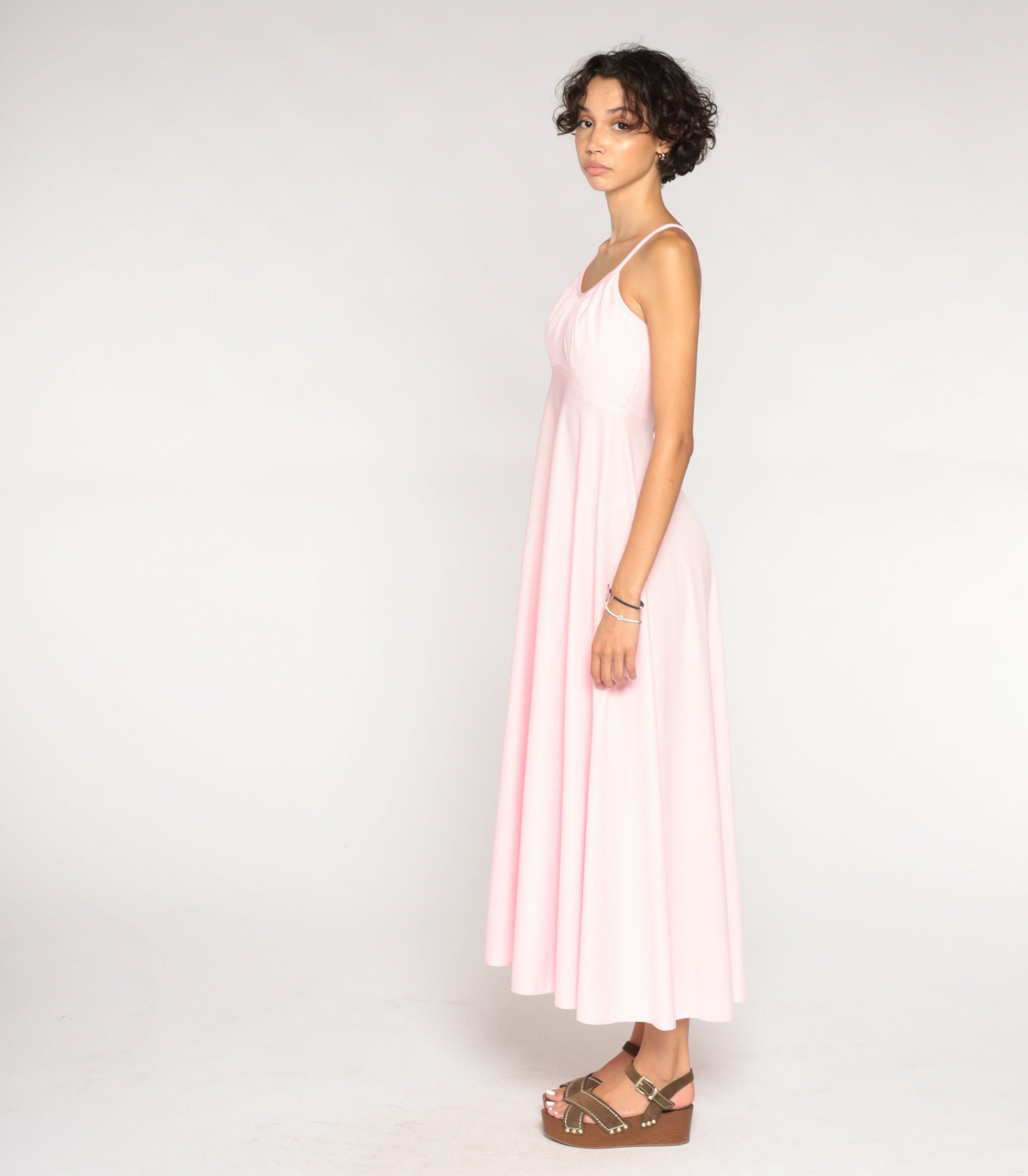 70s Baby Pink Empire Waist Maxi Dress Sleeveless Small S
