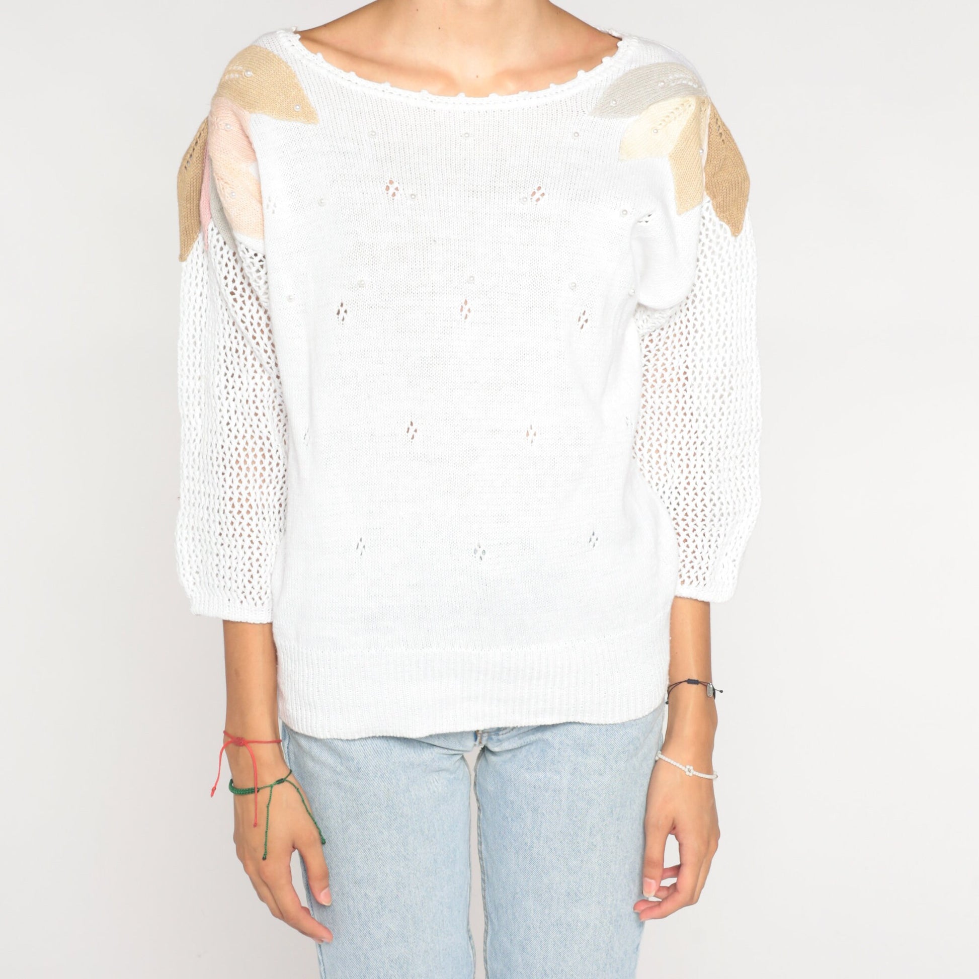 90s White Cutout Knit Sweater Pearl Beaded Leaf Applique Medium M