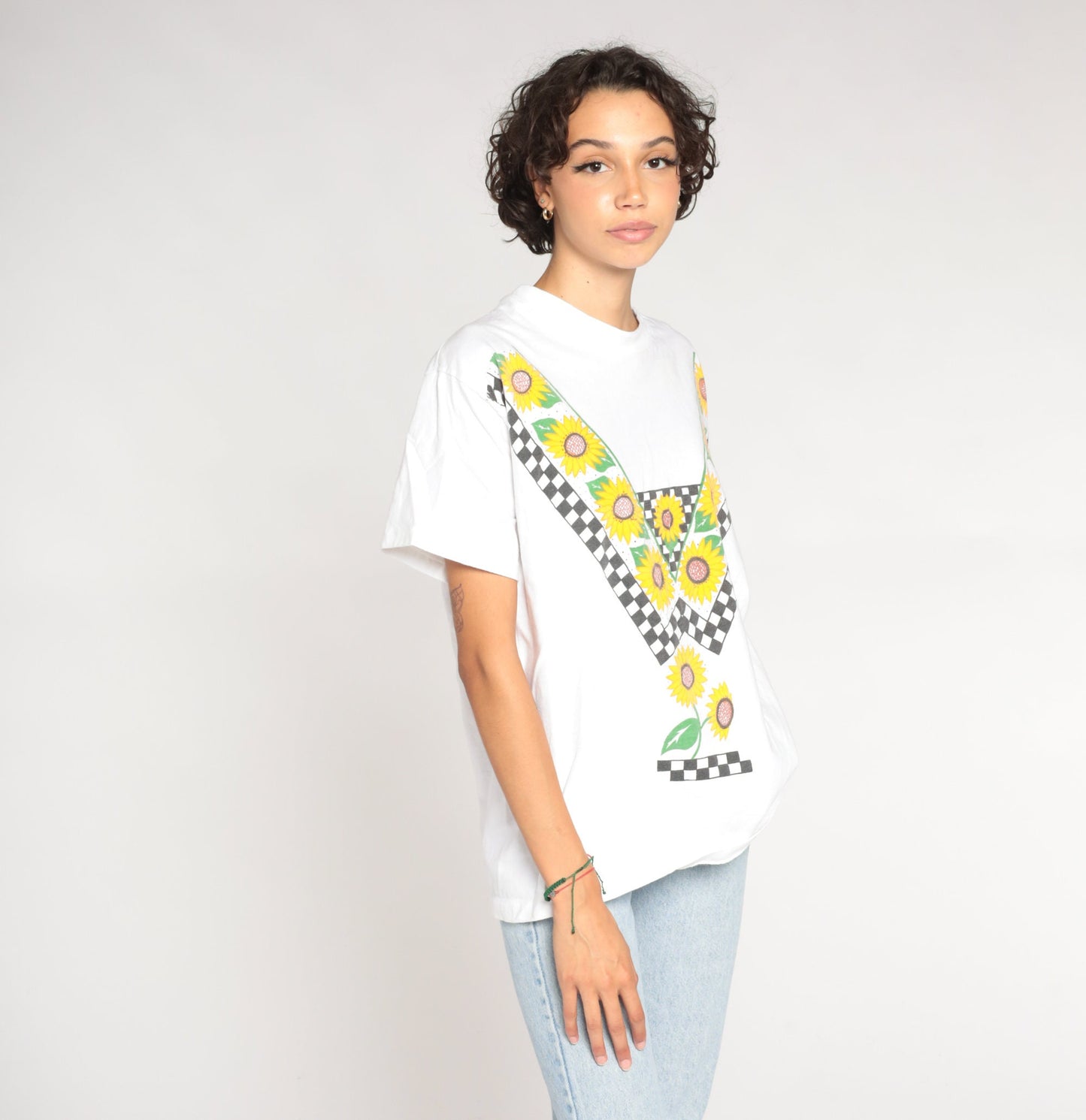 90s Sunflower Checkered Graphic T-Shirt White Cotton Single Stitch Large