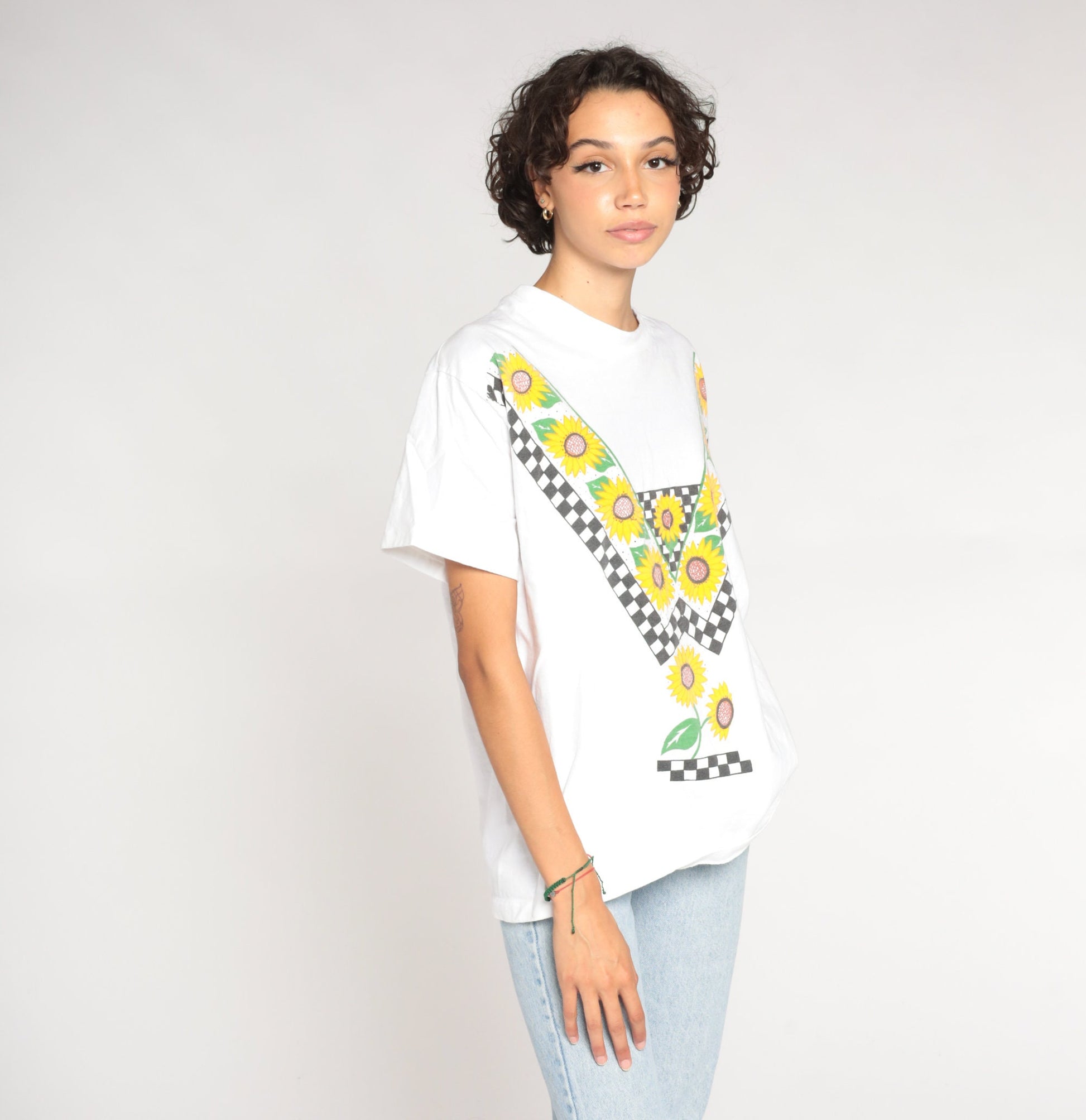 90s Sunflower Checkered Graphic T-Shirt White Cotton Single Stitch Large