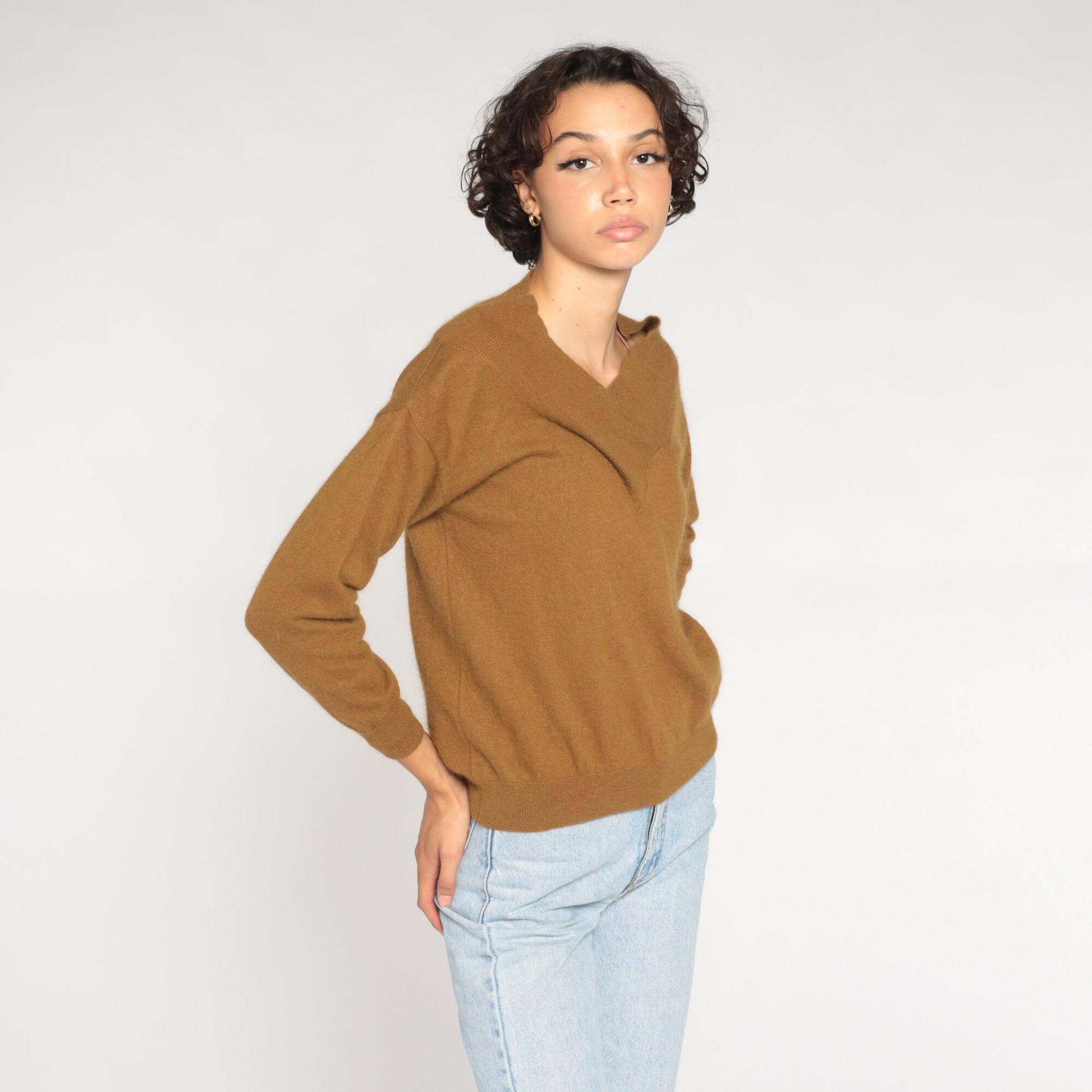 00s Brown Wool Sweater V-Neck Shawl Collar Pullover Small S