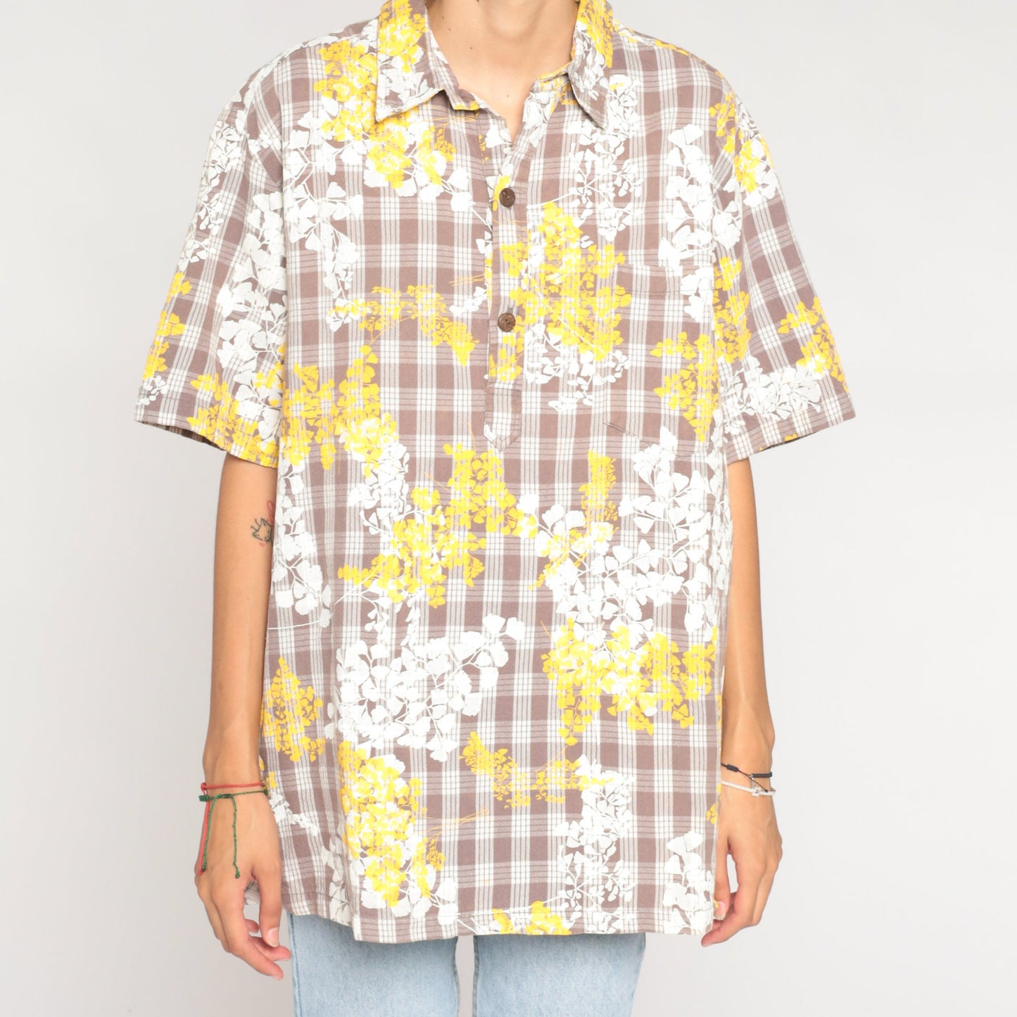 80s Checkered Floral Short Sleeve Button-Up Shirt White Brown Yellow Extra Large XL