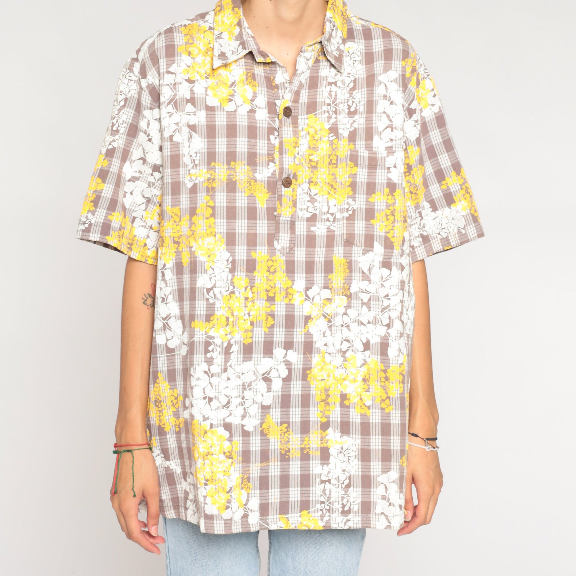 80s Checkered Floral Short Sleeve Button-Up Shirt White Brown Yellow Extra Large XL