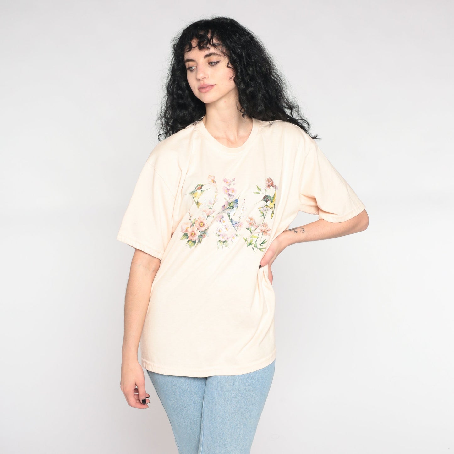 90s Hummingbird Glitter Graphic T-Shirt Floral Beige Extra Large XL