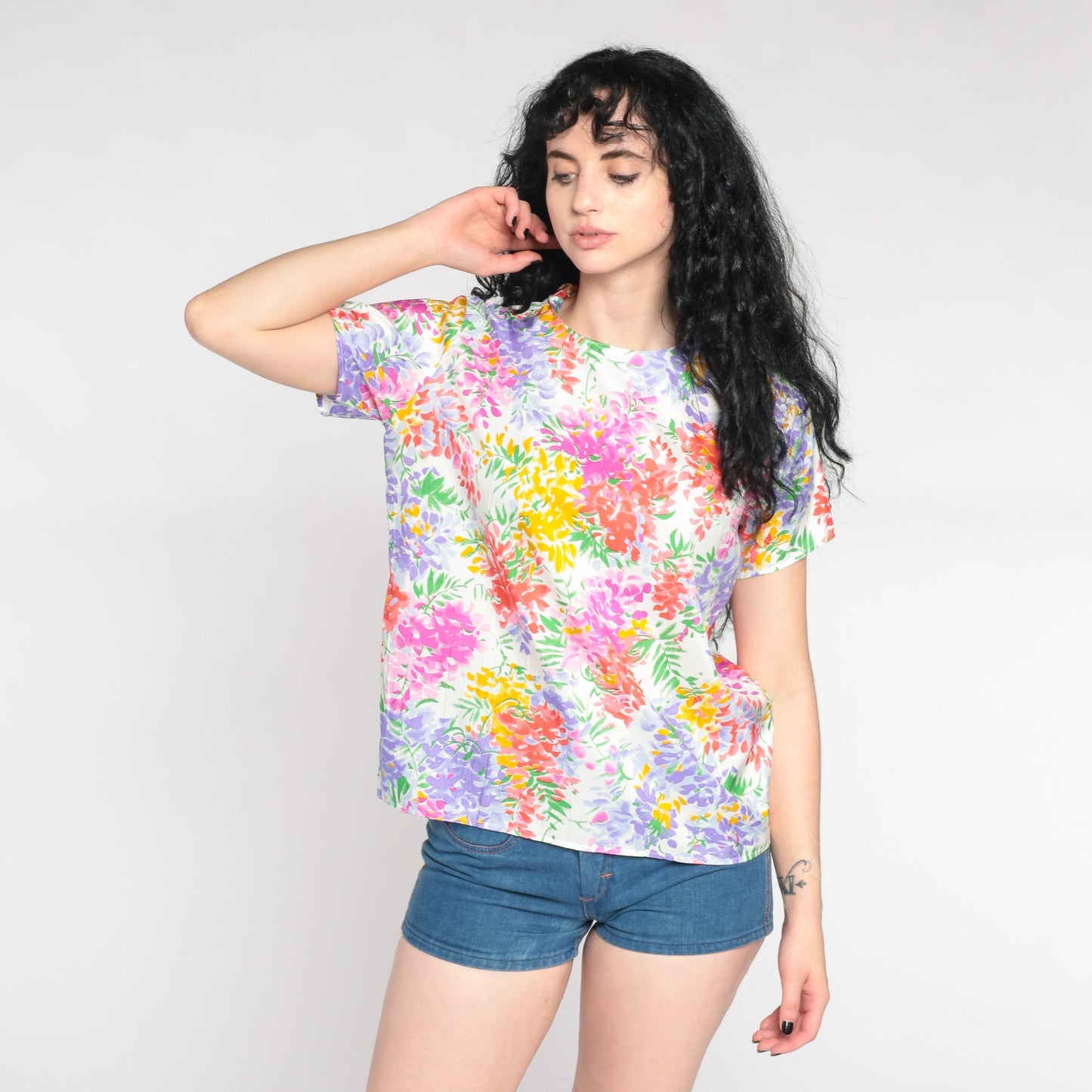 90s White Floral Pullover Blouse Short Sleeve Botanical Print Large L