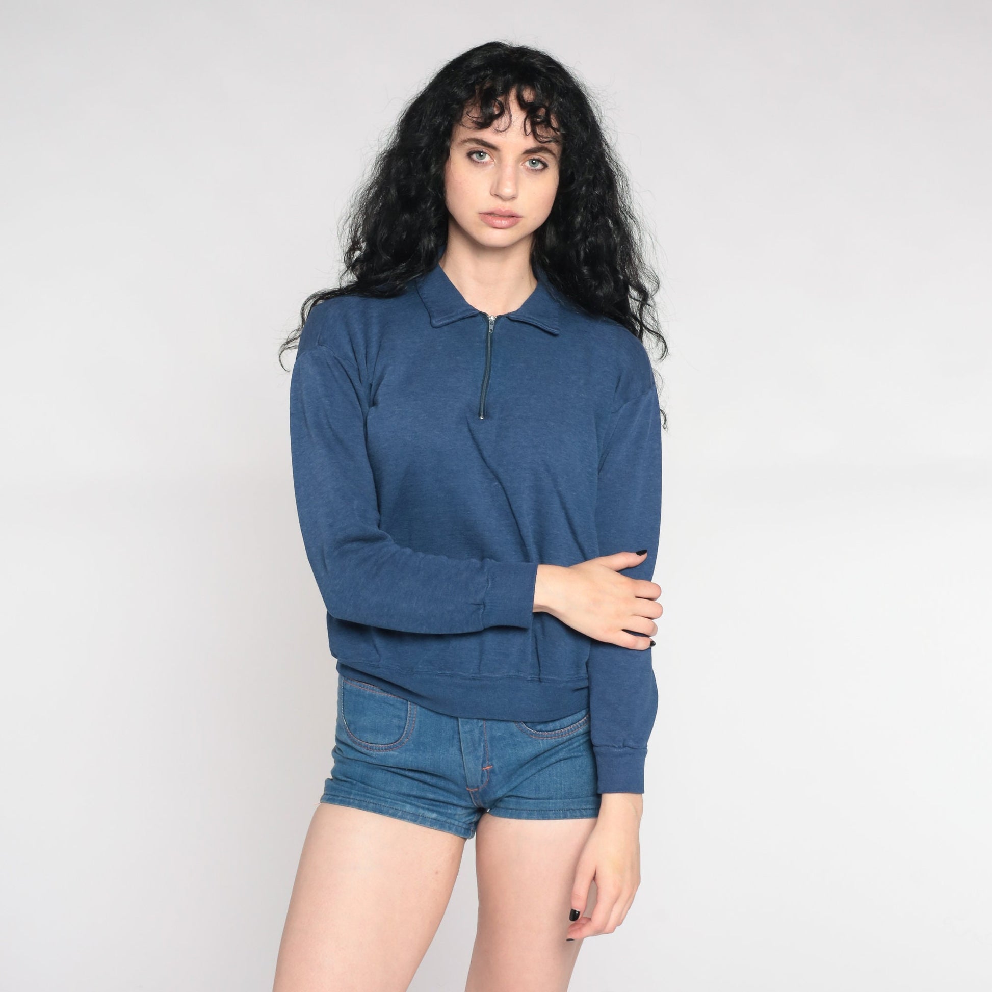 90s Blue Quarter Zip Collared Pullover Sweatshirt Plain Medium M