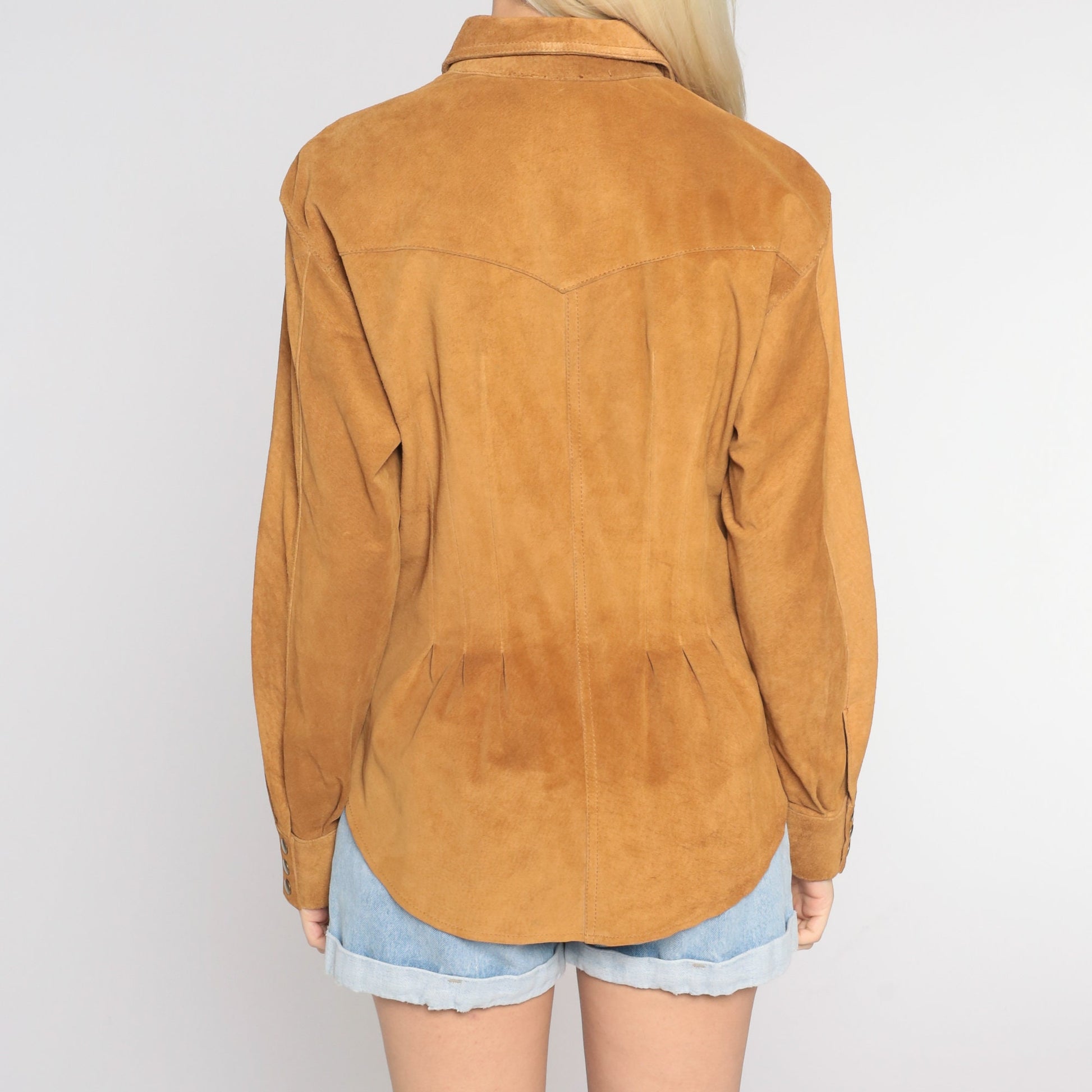 90s Brown Leather Snap Shirt Long Sleeve Western Button Up Medium M