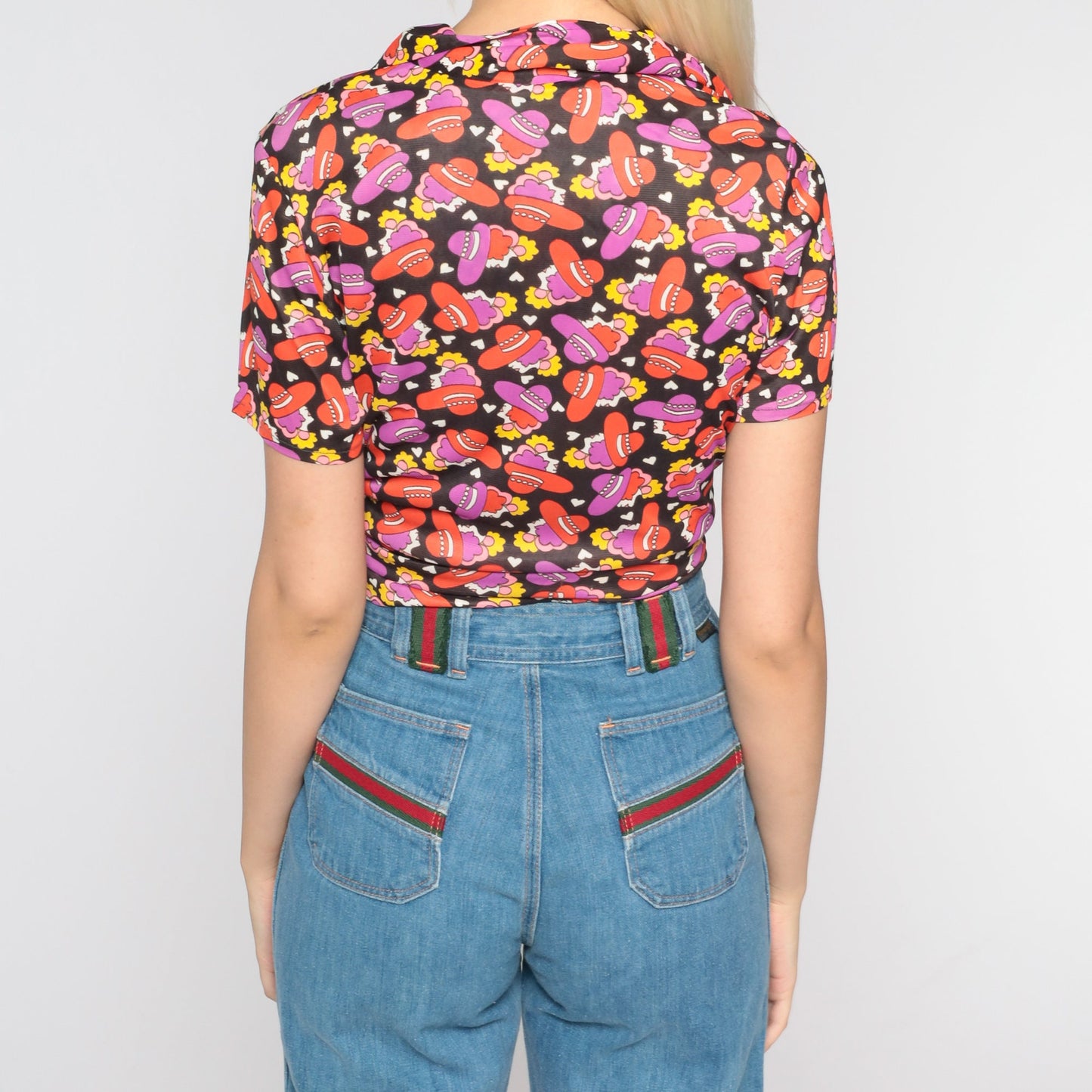 70s Disco Blouse Black Dagger Collar Heart Hat Print Short Sleeve Small Medium