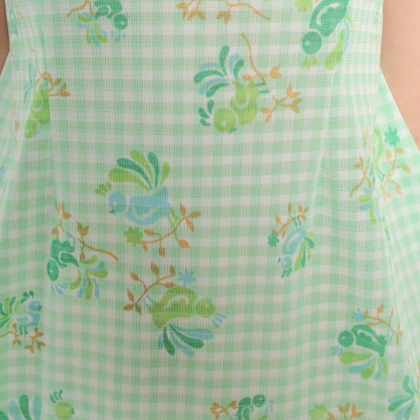 70s Green White Gingham Bird Floral Mini Dress Puff Sleeve Shift Small