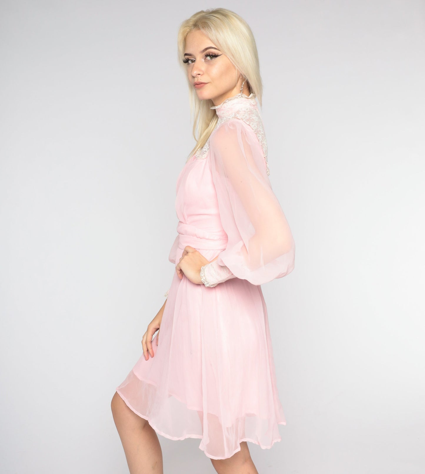 70s Pink Chiffon Mini Dress High Neck Lace Bib Long Sleeve Extra Small