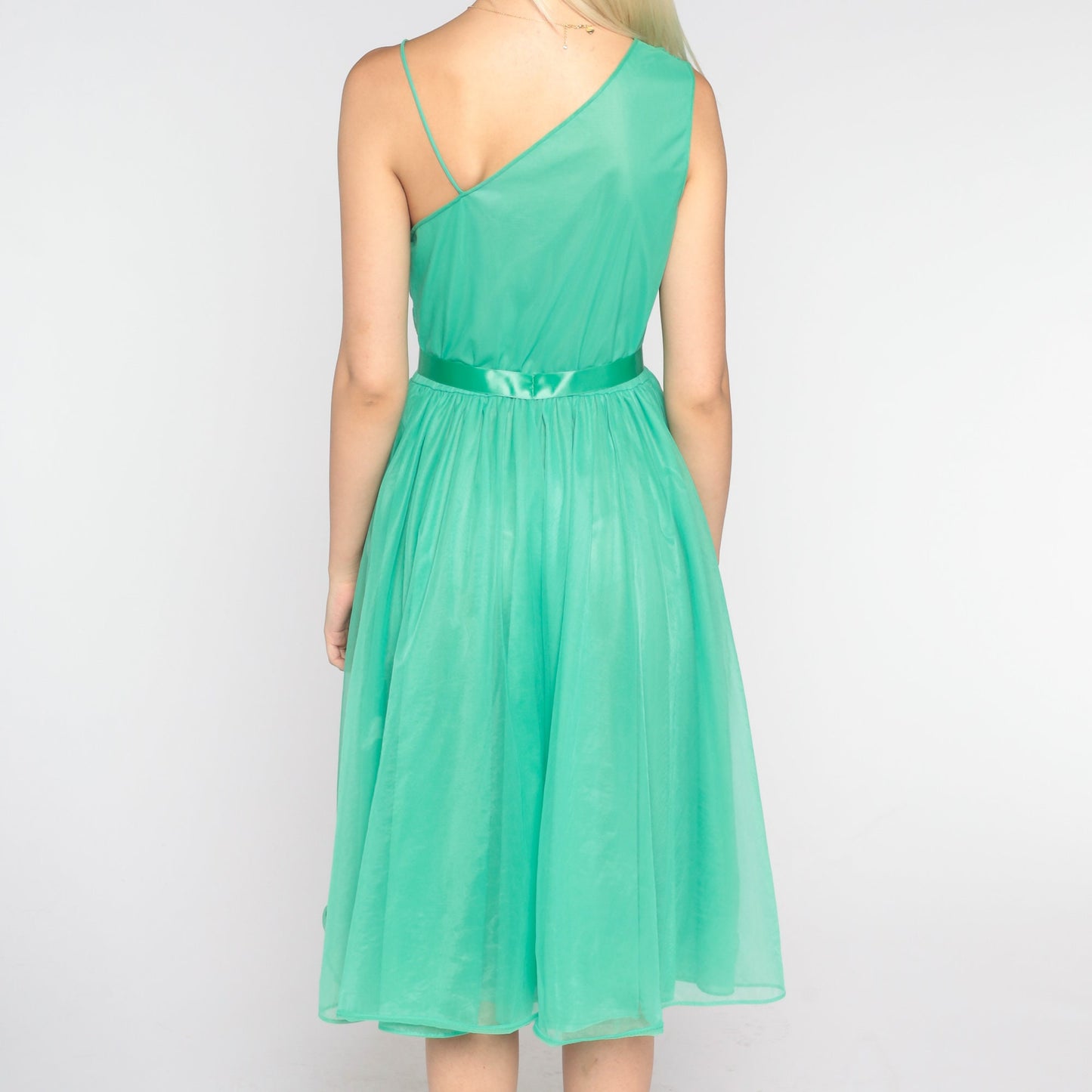 1960s One-Shoulder Slip Dress Green Floral Lace Midi Small