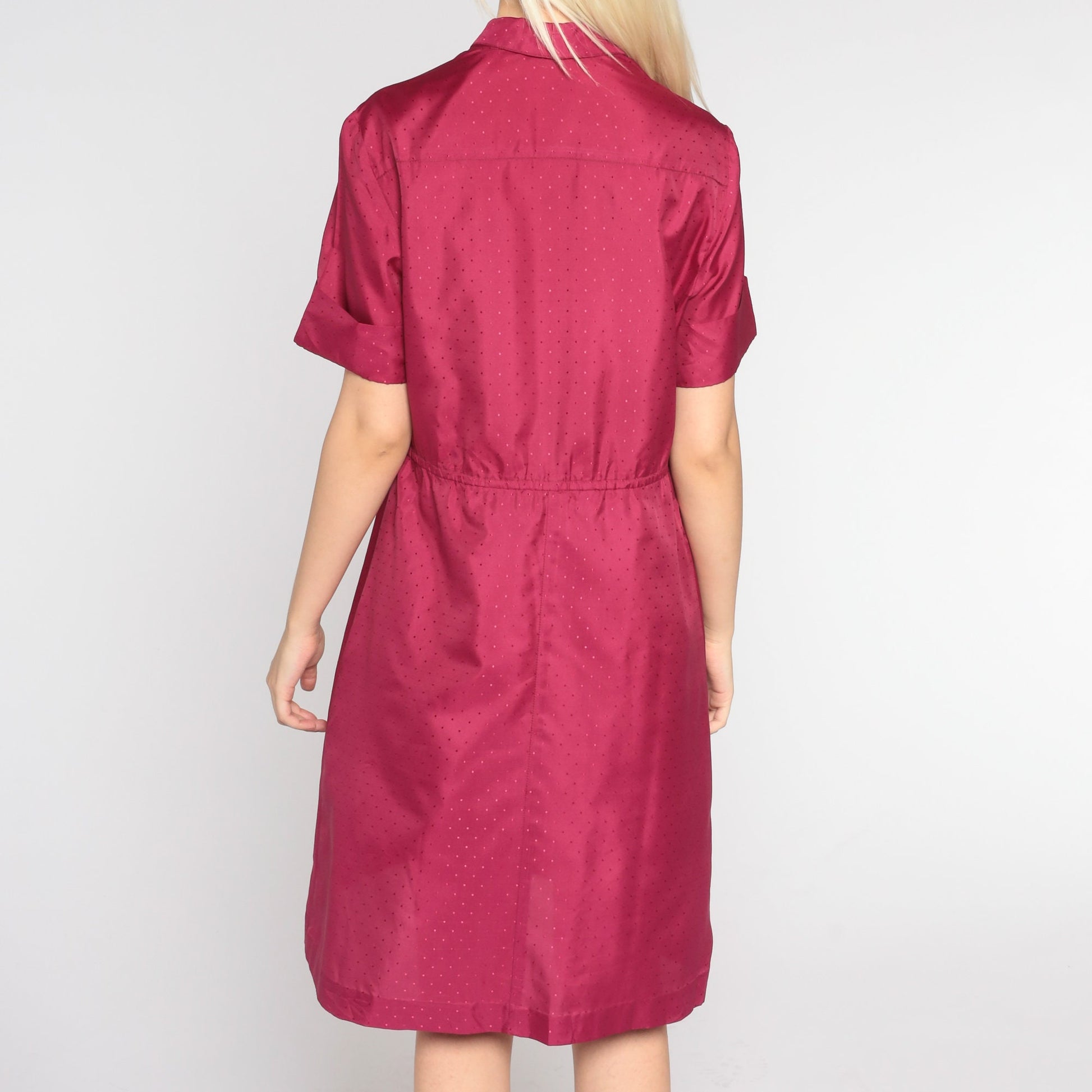 80s Berry Red Shirtwaist Mini Dress Embossed Dots Button-Up Collar Medium Large