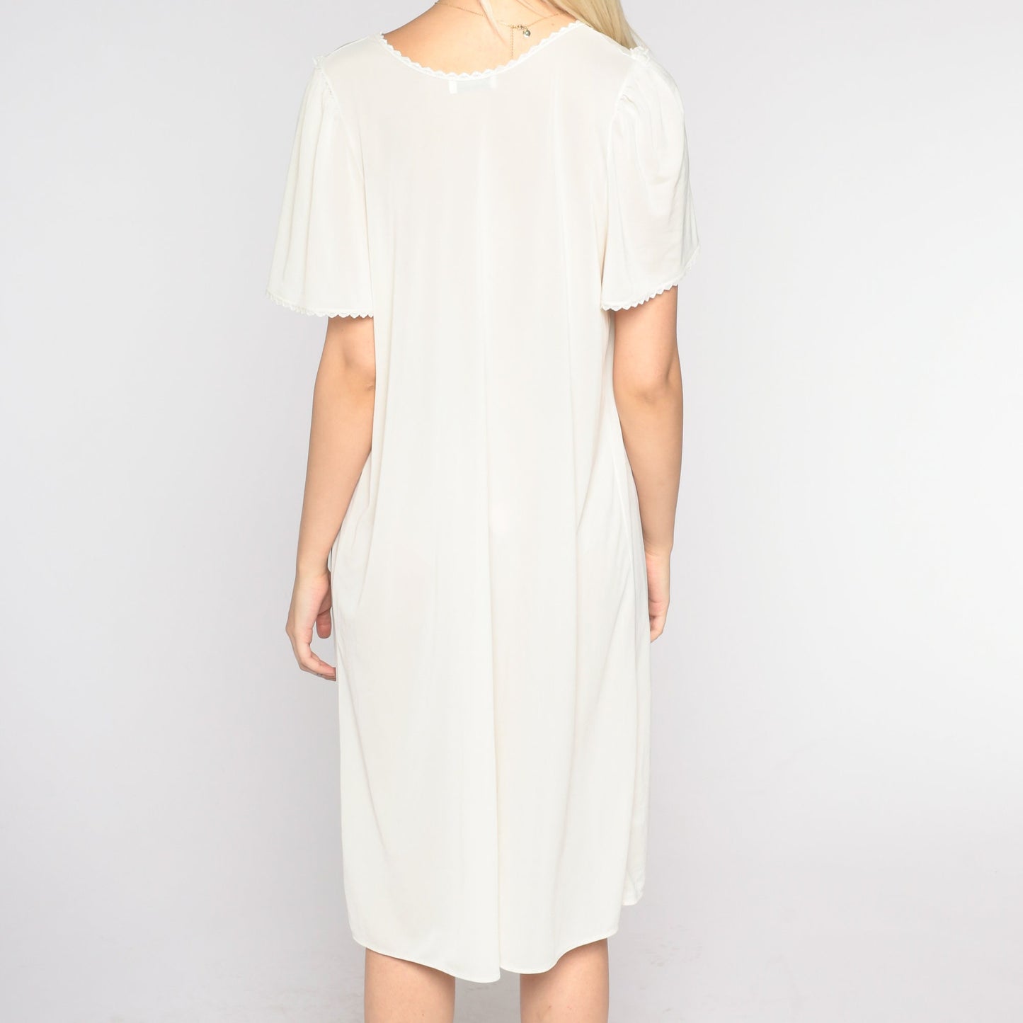 90s Cream Nightgown Knee-Length Lace Bib Short Sleeve Medium