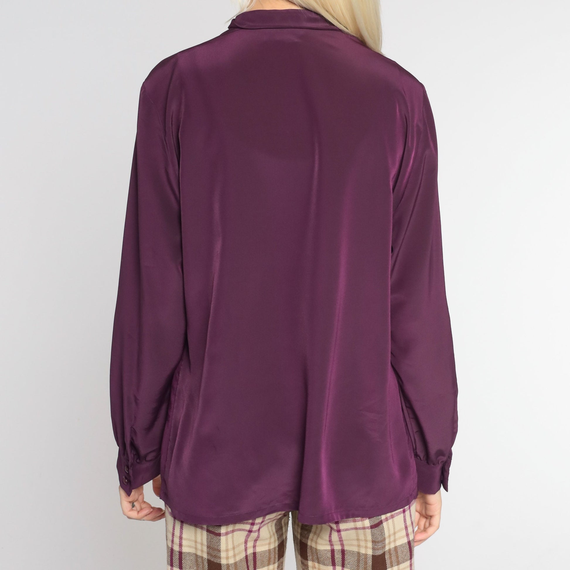 80s Pendleton Eggplant Blouse Long Sleeve High Neck Hidden Button Shirt Large L