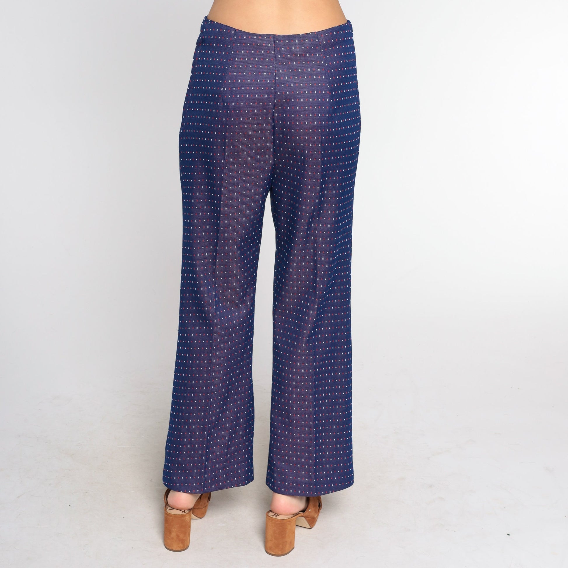 70s Navy Polka Dot Bell Bottom Pants High Waist Flared Trousers Medium Large