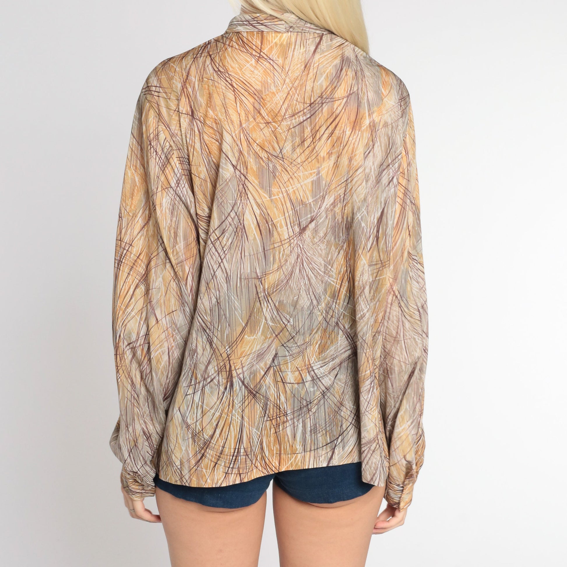 70s Ascot Blouse Brushstroke Print Tie Neck Long Sleeve Tan Brown Large