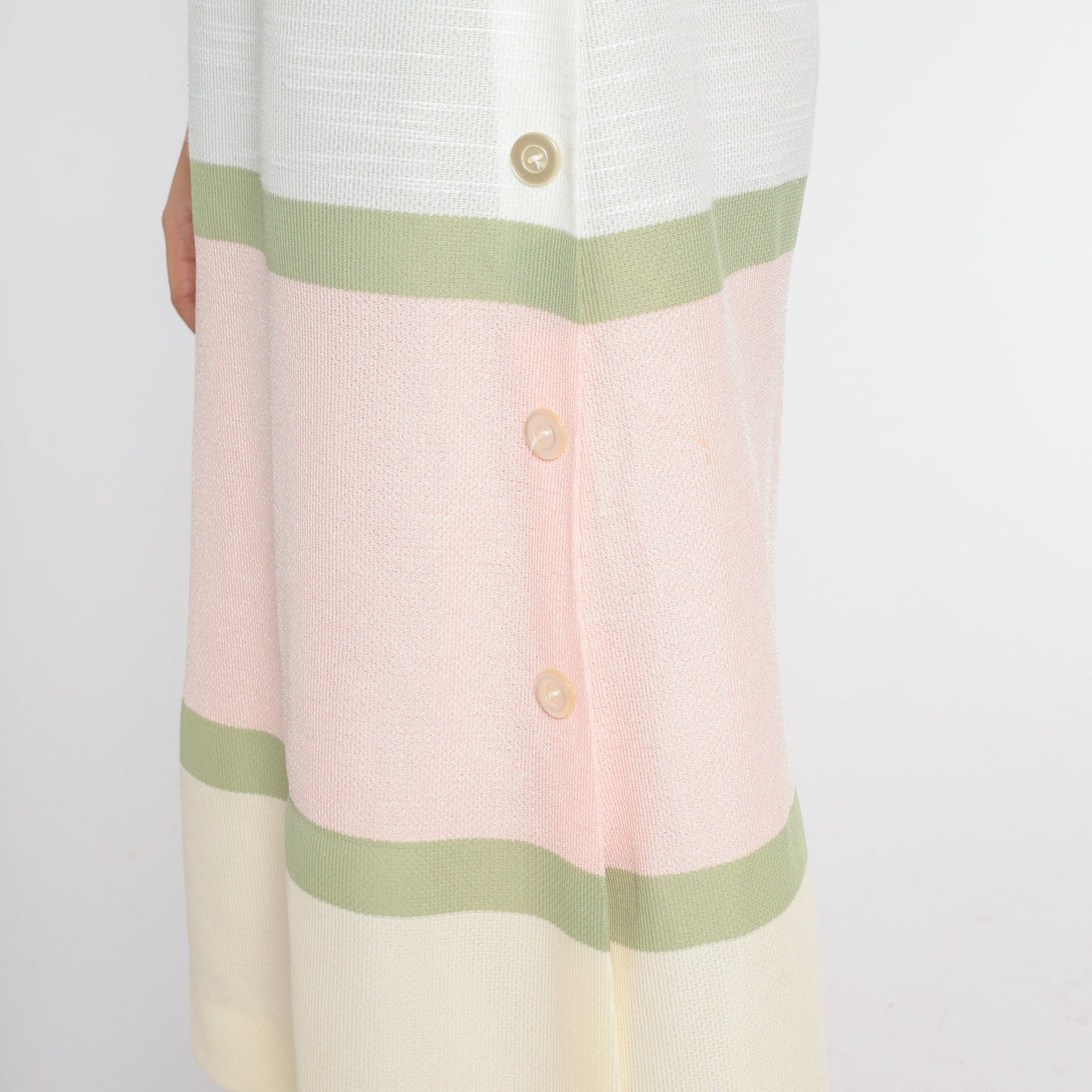 70s Striped Shift Midi Dress Cream Pink Green Grey V Neck Medium