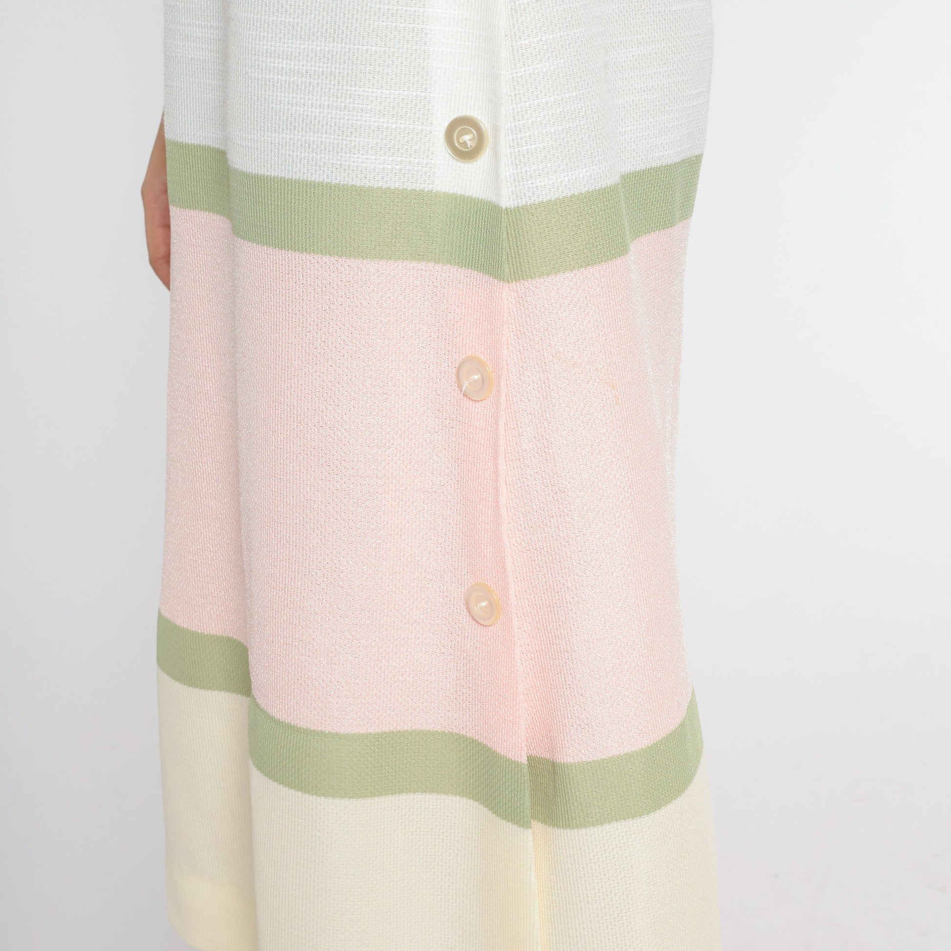 70s Striped Shift Midi Dress Cream Pink Green Grey V Neck Medium